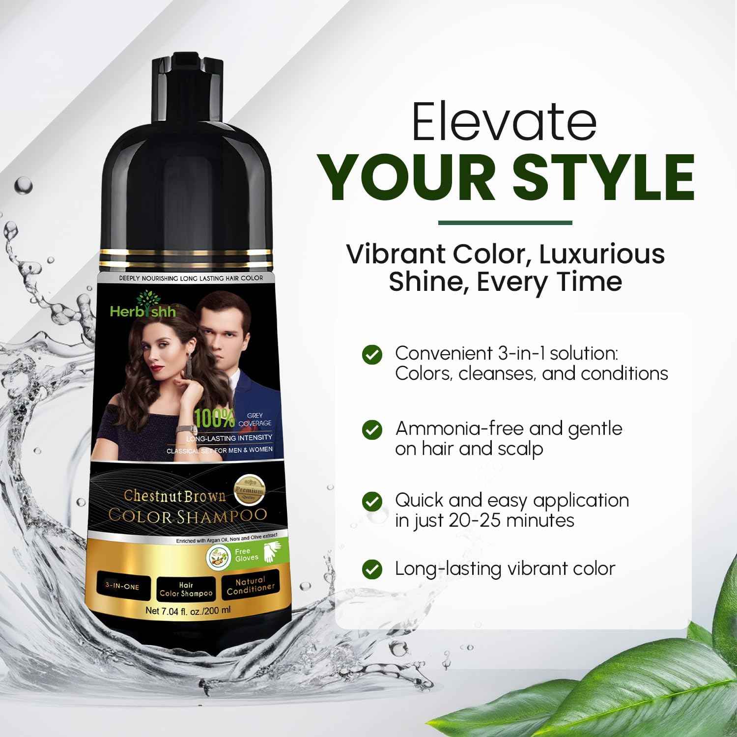 Herbishh Black Shampoo, Hair Dye Shampoo 3 in 1, 100% Grey Coverage, Demi-Permanent Hair Color for Men & Women, Long-lasting Color in 5-15 Mins, Ammonia-free, 200 ml