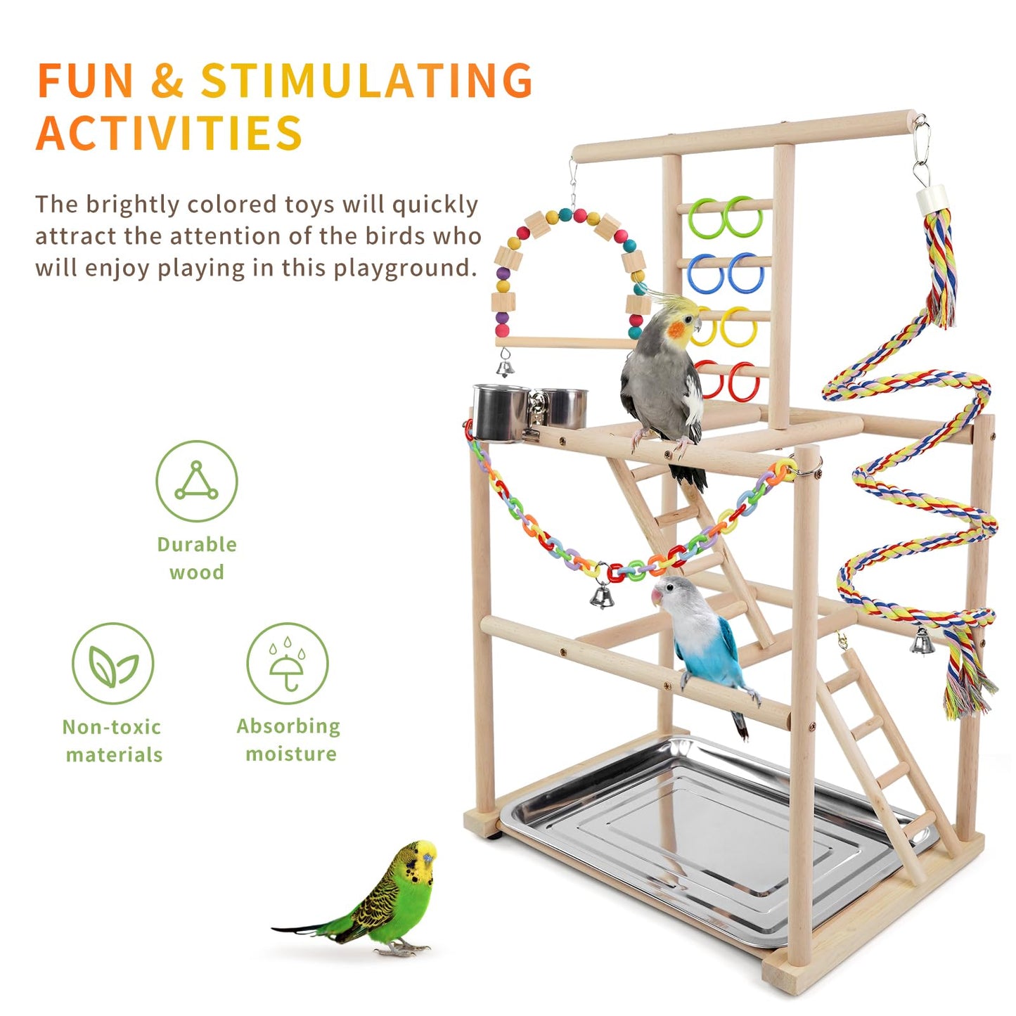 Bird Playground, Parrots Playstand for Small to Medium Birds, Perch Stand with 3 Ladders Playgym with Rope Perch, Swings Feeder Cups Bird Cage Accessories for Conure Cockatiel Lovebirds