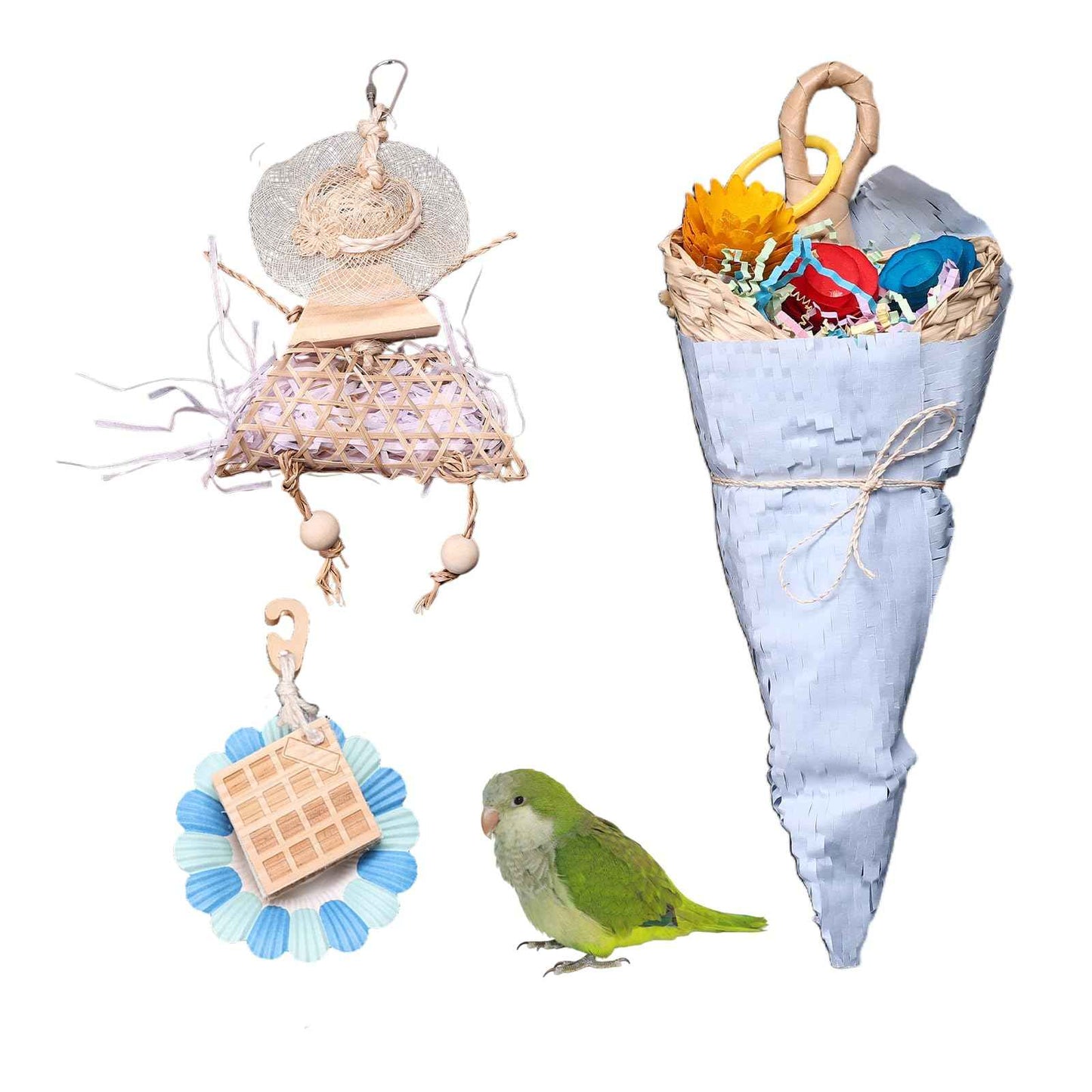 Parrot Chew Toys Set - Natural Wood & Loofah Toys with Plant-Based Dyes, 3 Pack Bird Chew Toys for Cockatiels, Conures & Small Parrots for Cage Enrichment (3 Pieces of Blue Series)