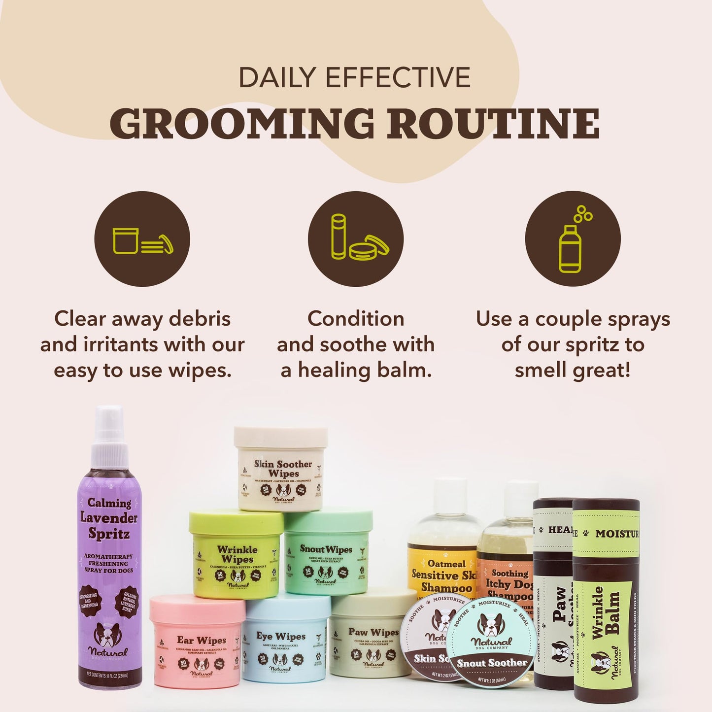 Natural Dog Company Wrinkle Wipes for Dogs, 100 Count, Hypoallergenic Dog Wipes, Wrinkle Wipes French Bulldog, Cleaning & Deodorizing, Dog Wipes for Grooming Faces, Paws & Butts