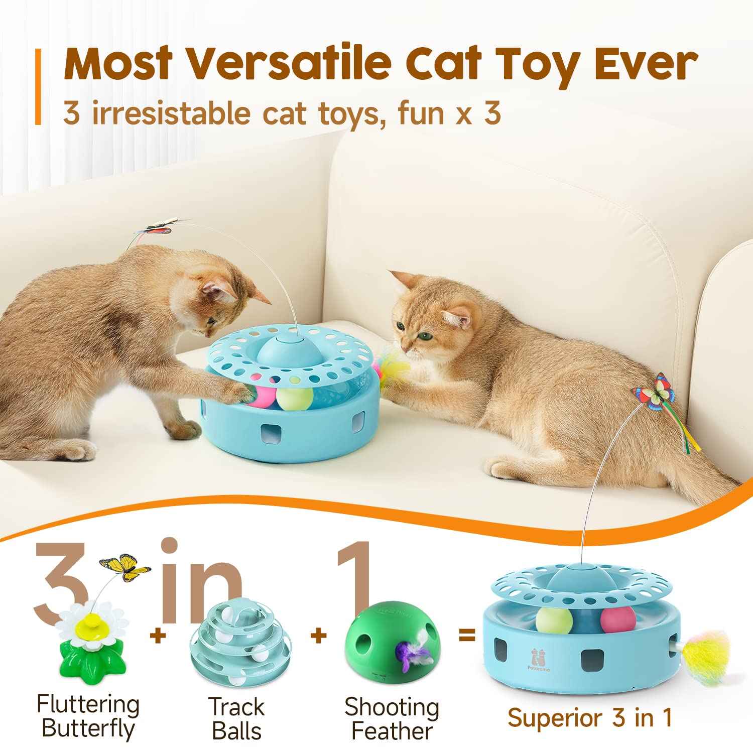 Potaroma Cat Toys 3in1 Automatic Interactive Kitten Toy, Fluttering Butterfly, Moving Feather, Track Balls, Dual Power Supplies, USB Powered, Indoor Exercise Kicker (Bright White)