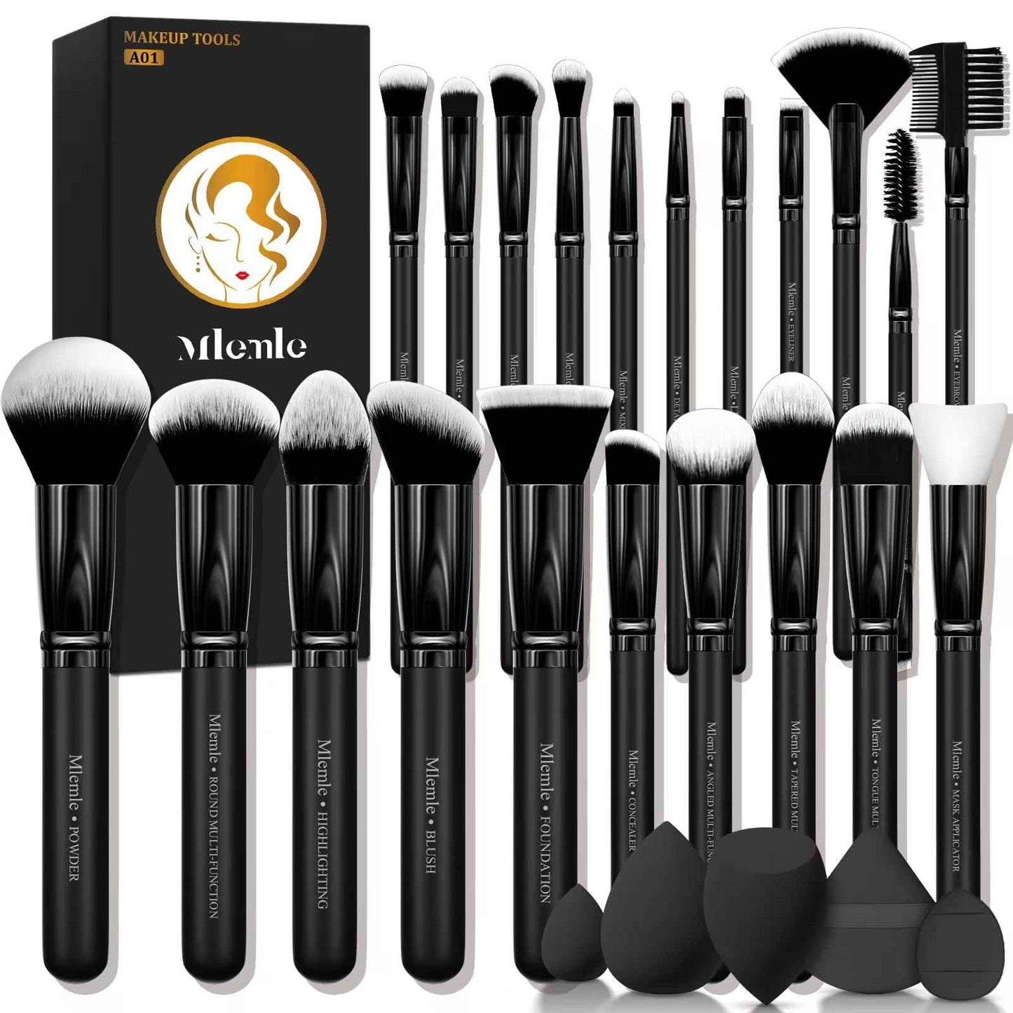 Makeup Brushes Set, Mlemle Professional 26 Pcs Makeup Kit, Include Powder Foundation Concealers Blush Eye shadows Eyebrow 21 Pcs Makeup Brushes and 2 Powder Puff, 3 Makeup Sponge(A01-Pink)