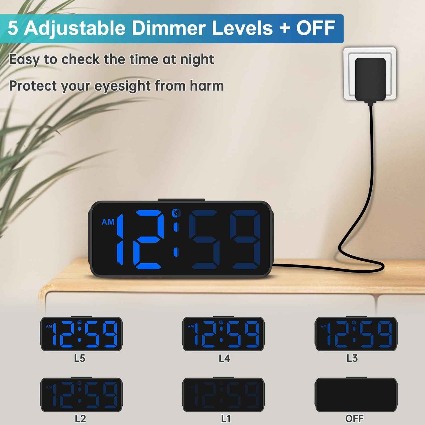 Peakeep Small Digital Alarm Clock Plug in for Bedrooms Bedside, Tiny Electric Clock Large Big Numbers Display with Battery Backup for Desk Table, 6 Dimmers, 5 Adjustable Alarm Volumes (Blue)