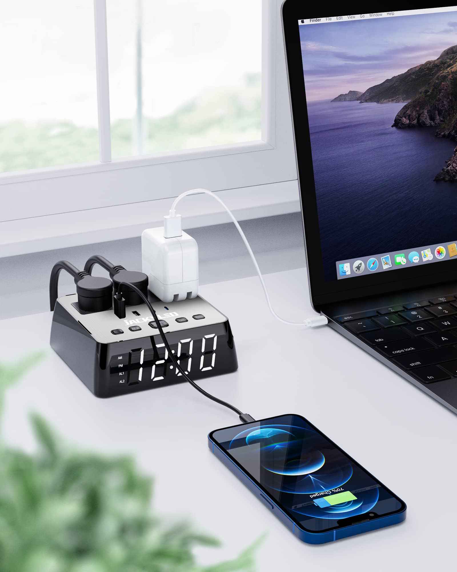 JACKYLED Alarm Clock with 4 USB Chargers Power Strip 3 Outlets 1700J Surge Protector Nightstand Dimmable Digital Clock with Dual Alarm and Snooze Function for Bedroom, Full Screen LED Display