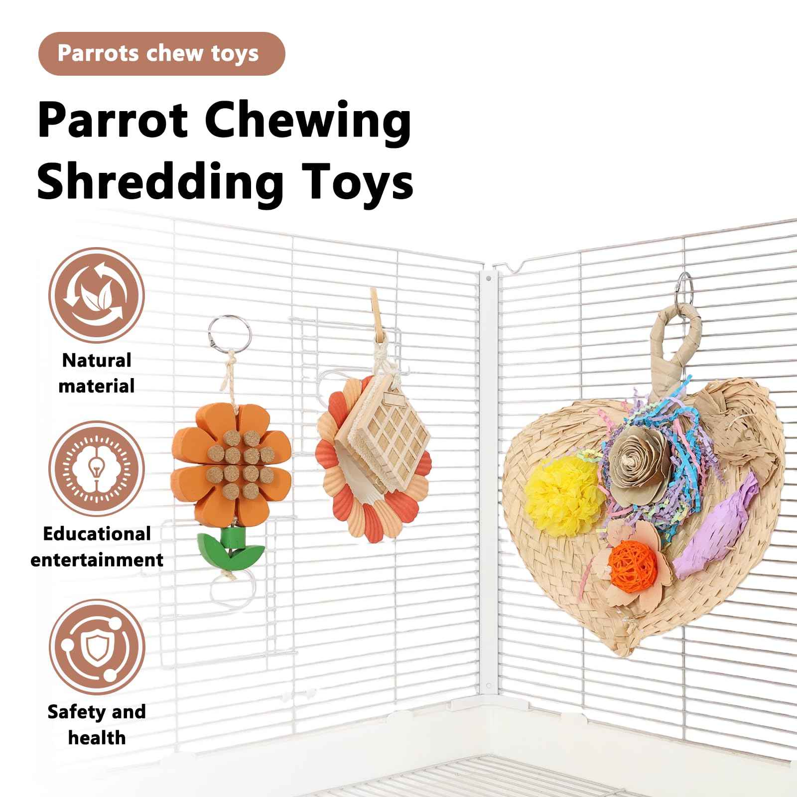 Parrot Chew Toys Set - Natural Wood & Loofah Toys with Plant-Based Dyes, 3 Pack Bird Chew Toys for Cockatiels, Conures & Small Parrots for Cage Enrichment (3 Pieces of Blue Series)