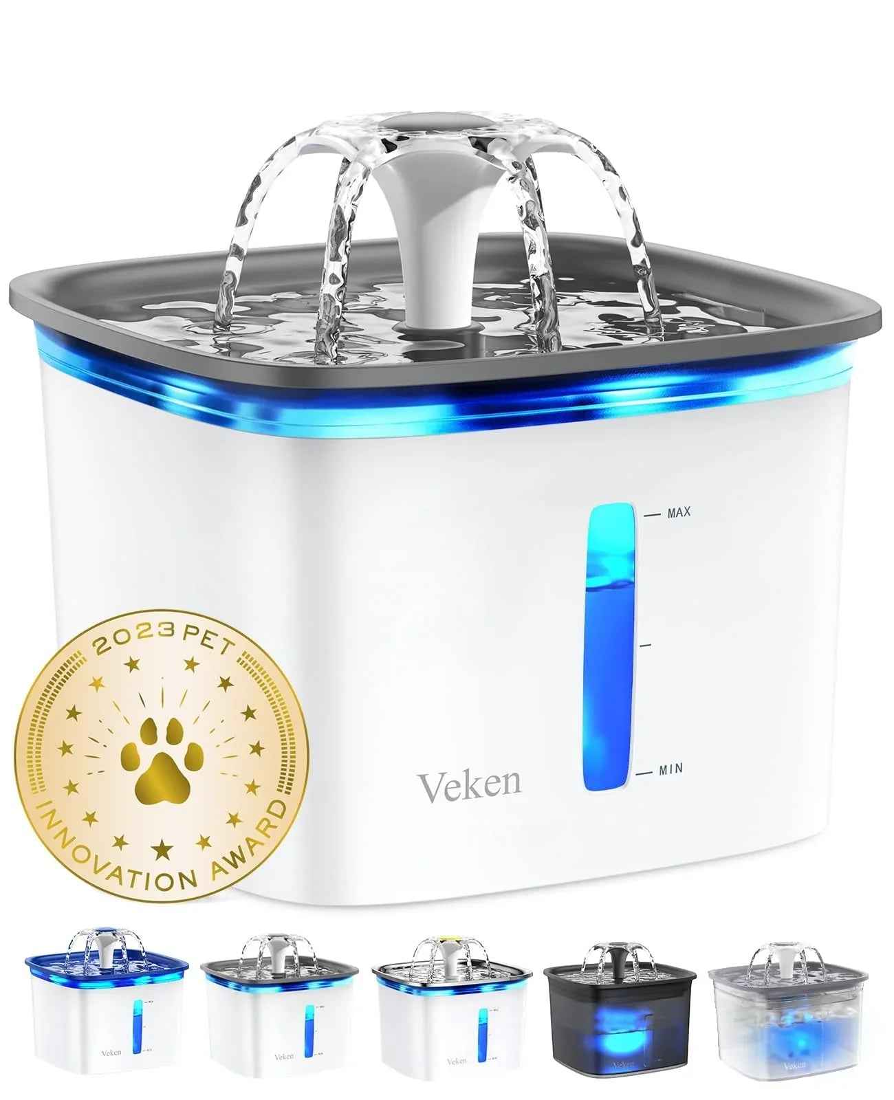 Veken Innovation Award Winner 95oz/2.8L Pet Fountain, Automatic Cat Water Fountain Dog Water Dispenser with Replacement Filters, Gifts for Christmas, Cats, Dogs, Multiple Pets (Grey, Plastic)