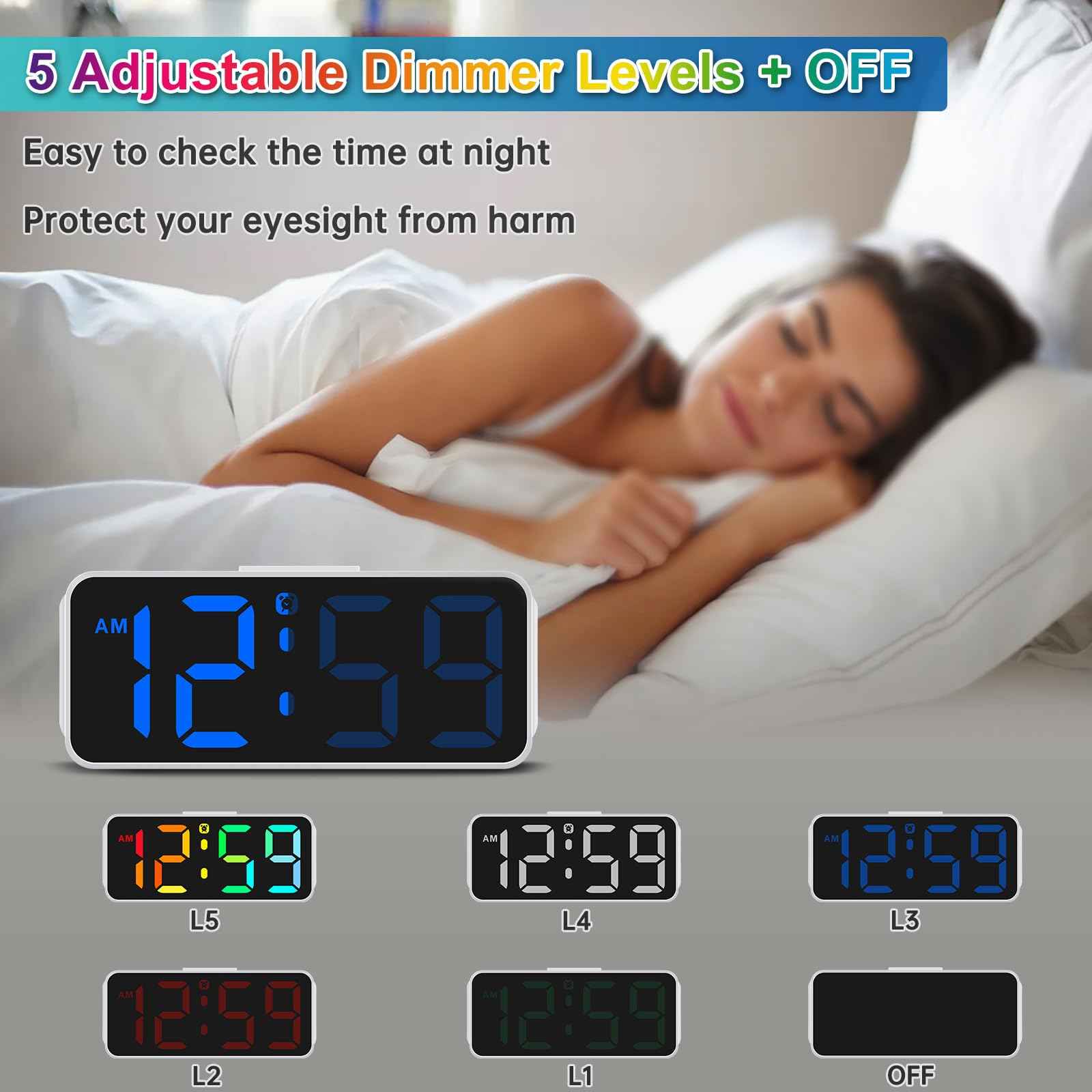 Peakeep Small Digital Alarm Clock Plug in for Bedrooms Bedside, Tiny Electric Clock Large Big Numbers Display with Battery Backup for Desk Table, 6 Dimmers, 5 Adjustable Alarm Volumes (Blue)