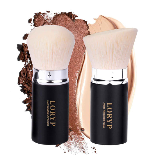 LORYP Retractable Makeup Brush Black Kabuki Foundation Brush for liquid Cream and Powder Makeup 2 Pack Travel Makeup Brush Set