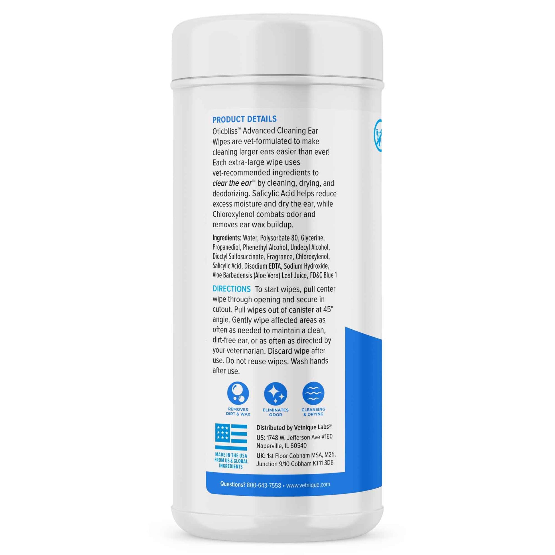 Vetnique Oticbliss Cat & Dog Ear Wipes - Dog Ear Infection Treatment or Dog Ear Cleaner Wipes for Dirty, Waxy, Smelly Dog Ears, Odor Control with Aloe Vera & Salicylic Acid (Finger Mitt Ear Wipes)