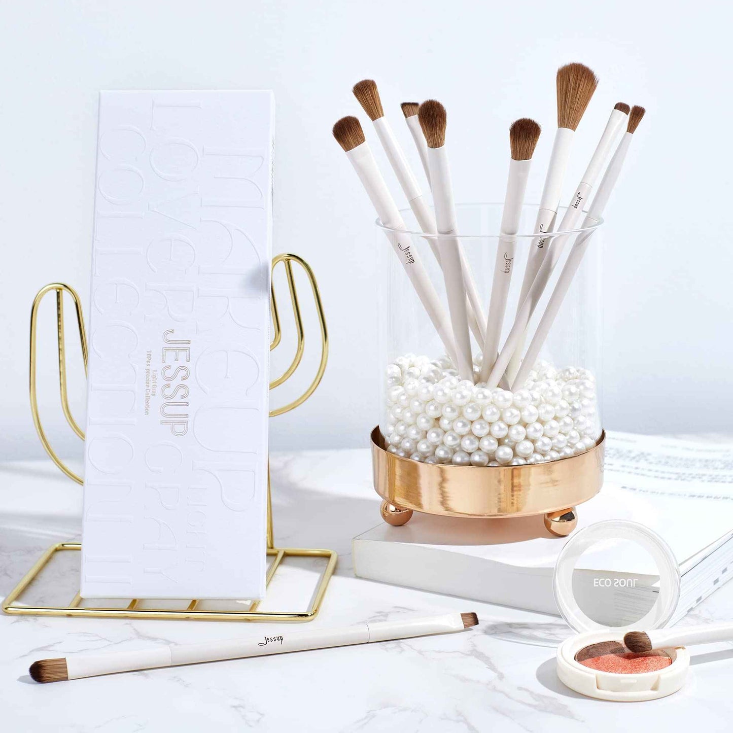 Jessup Makeup Brushes 14Pcs Makeup Brush Set Premium Synthetic Powder Foundation Contour Blush Concealer Eye Shadow Blending Liner Make Up Brush Kit Light Grey T329