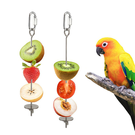 3 Pcs Bird Cage Food Holder Stainless Steel Parrot Fruit & Vegetable Skewer Hanging Foraging Toy for Parakeets, Budgies, Macaws