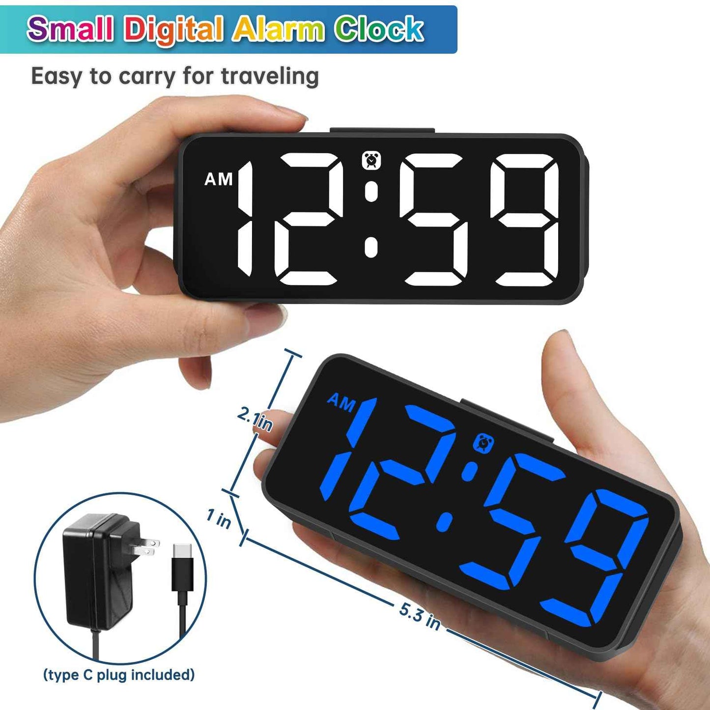 Peakeep Small Digital Alarm Clock Plug in for Bedrooms Bedside, Tiny Electric Clock Large Big Numbers Display with Battery Backup for Desk Table, 6 Dimmers, 5 Adjustable Alarm Volumes (Blue)