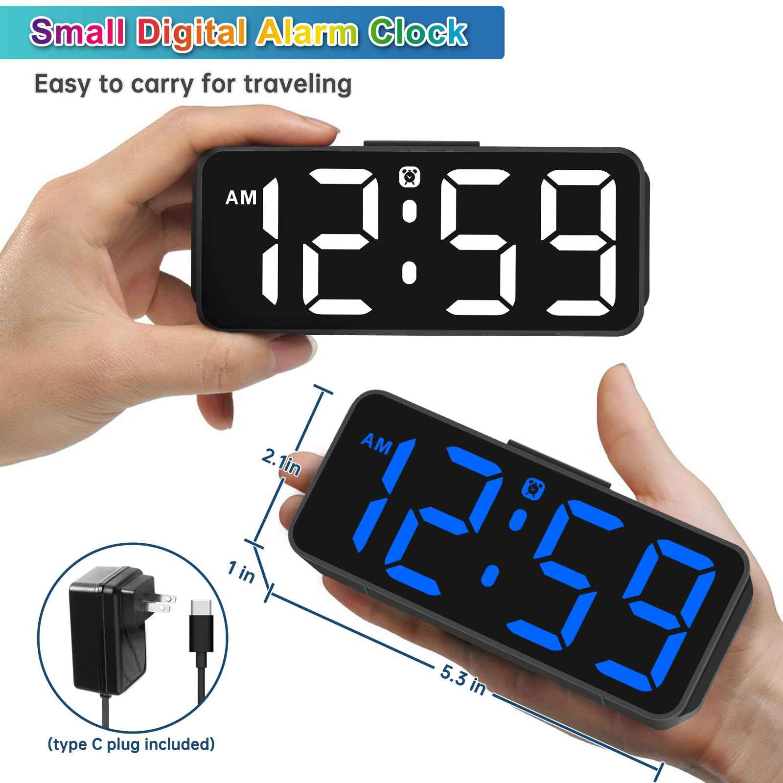 Peakeep Small Digital Alarm Clock Plug in for Bedrooms Bedside, Tiny Electric Clock Large Big Numbers Display with Battery Backup for Desk Table, 6 Dimmers, 5 Adjustable Alarm Volumes (Blue)