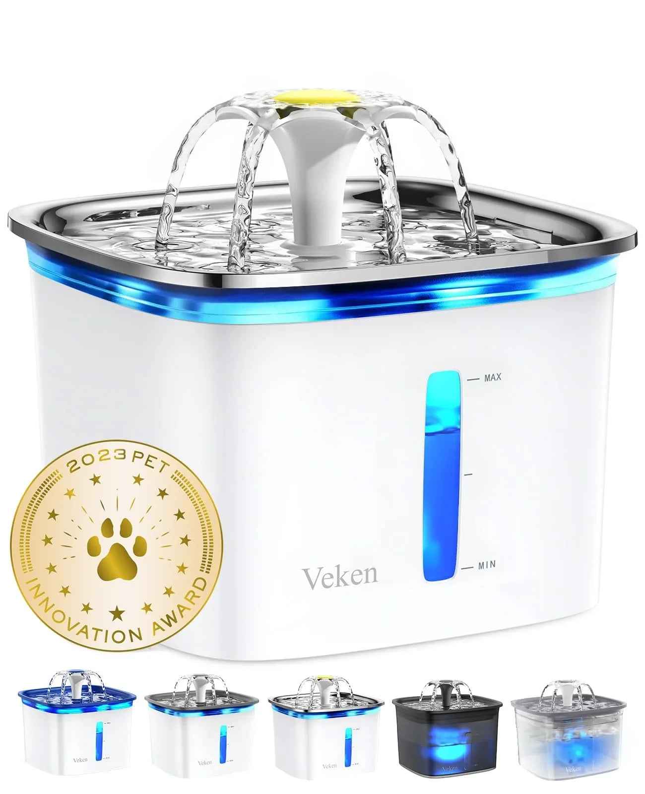 Veken Innovation Award Winner 95oz/2.8L Pet Fountain, Automatic Cat Water Fountain Dog Water Dispenser with Replacement Filters, Gifts for Christmas, Cats, Dogs, Multiple Pets (Grey, Plastic)