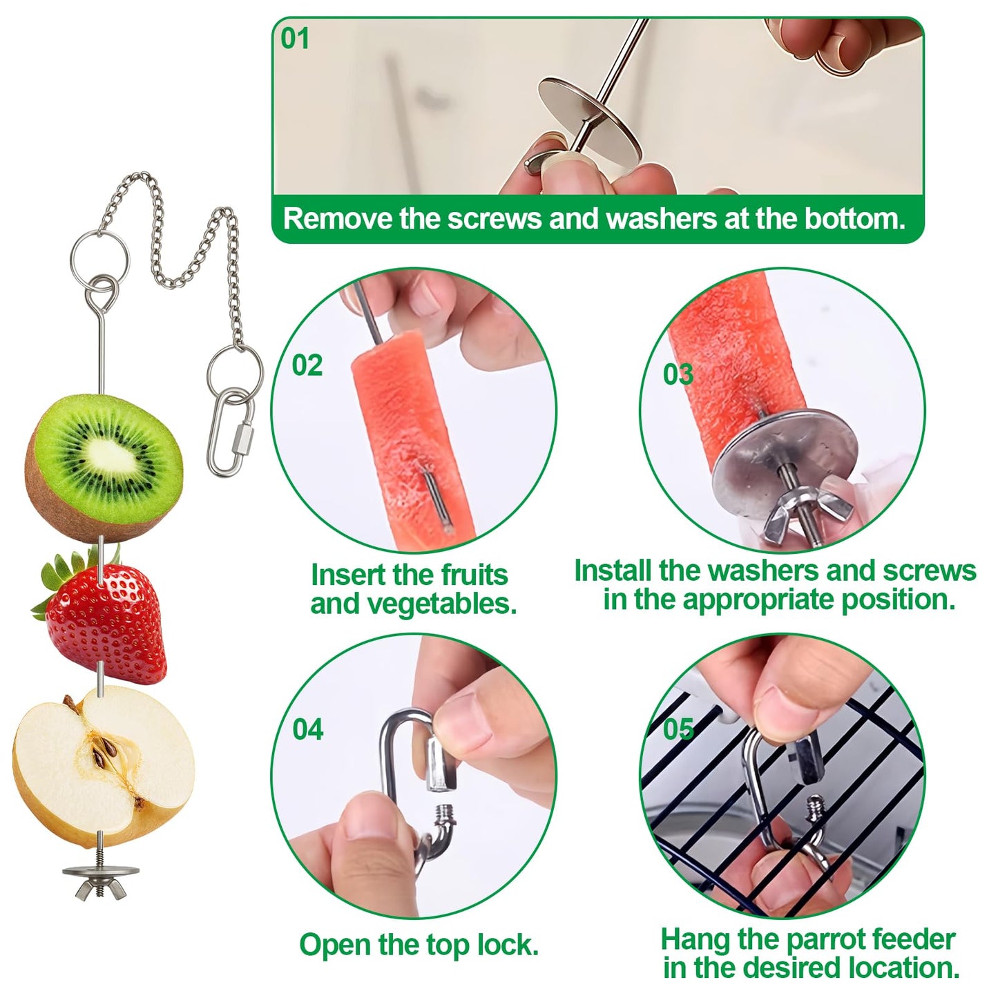 3 Pcs Bird Cage Food Holder Stainless Steel Parrot Fruit & Vegetable Skewer Hanging Foraging Toy for Parakeets, Budgies, Macaws