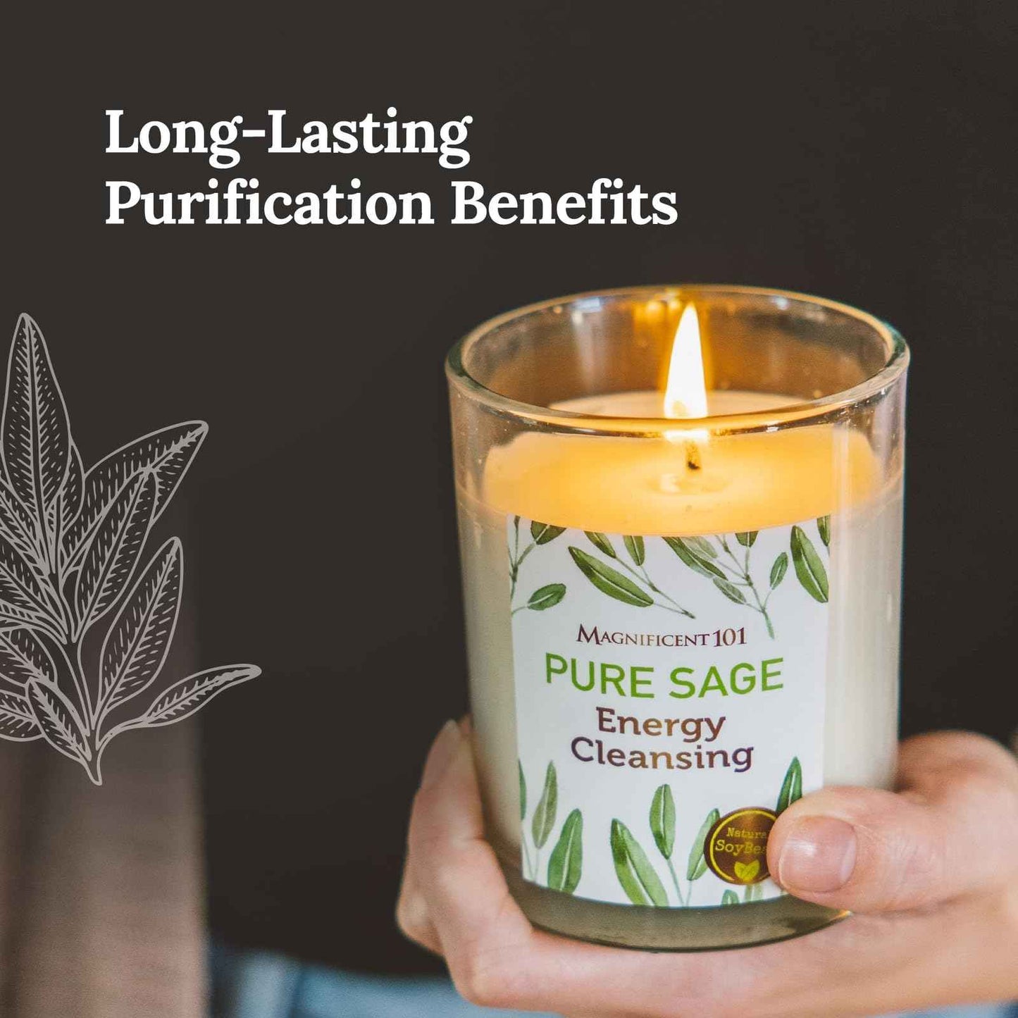 Magnificent 101 Set of 3 Long Lasting Pure Sage Smudge Candles - 42 Hour Burn, 3.5 Oz Each, Made with Soy Wax and Herb, Ideal for House Energy Cleansing, Meditation & Manifestation