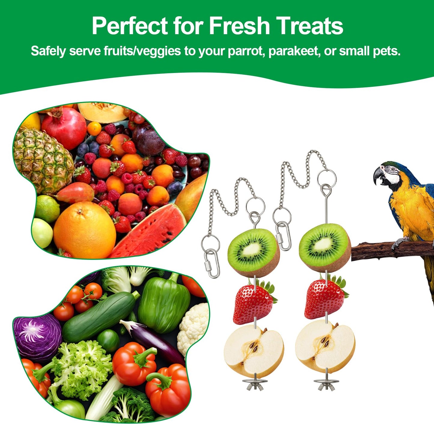 3 Pcs Bird Cage Food Holder Stainless Steel Parrot Fruit & Vegetable Skewer Hanging Foraging Toy for Parakeets, Budgies, Macaws