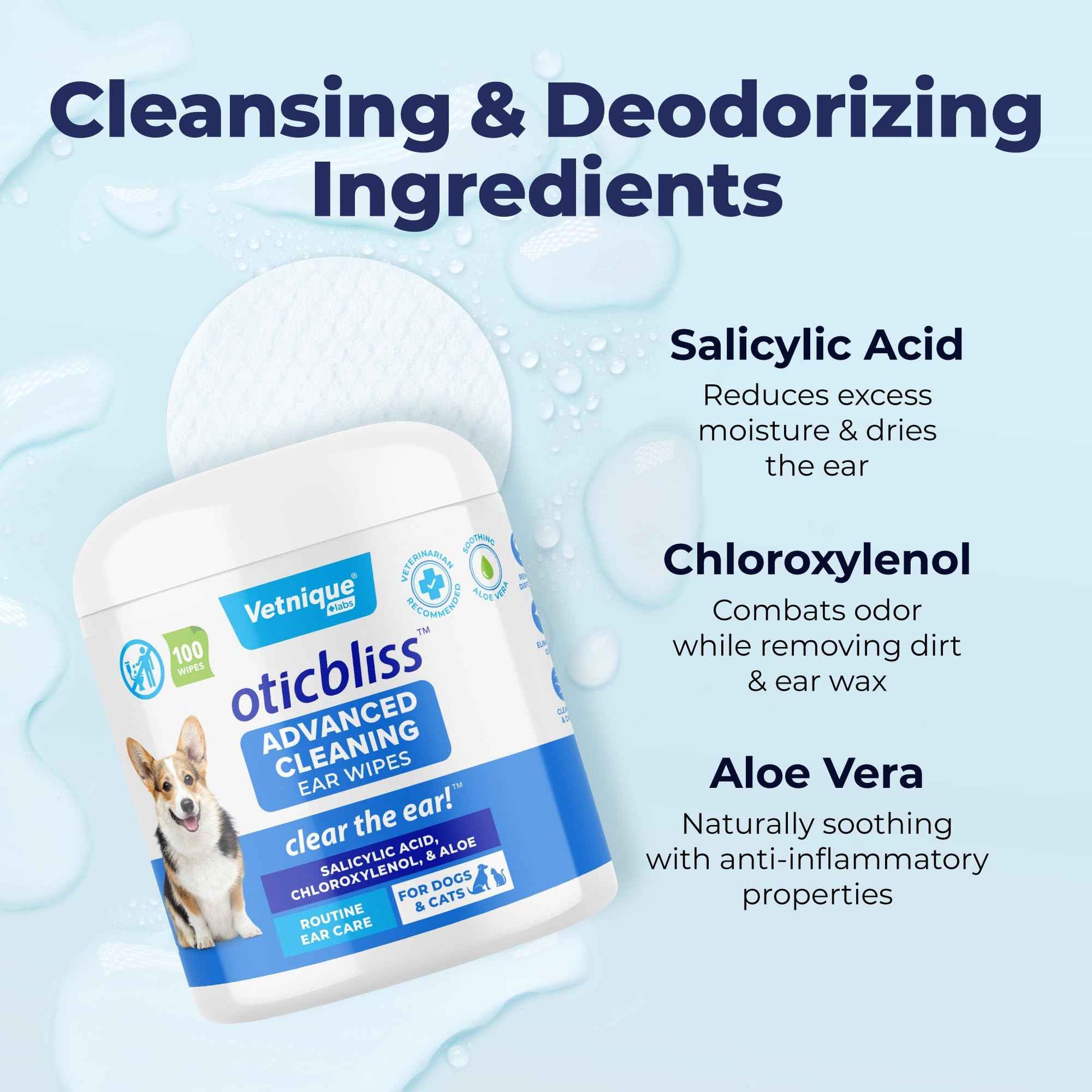 Vetnique Oticbliss Cat & Dog Ear Wipes - Dog Ear Infection Treatment or Dog Ear Cleaner Wipes for Dirty, Waxy, Smelly Dog Ears, Odor Control with Aloe Vera & Salicylic Acid (Finger Mitt Ear Wipes)