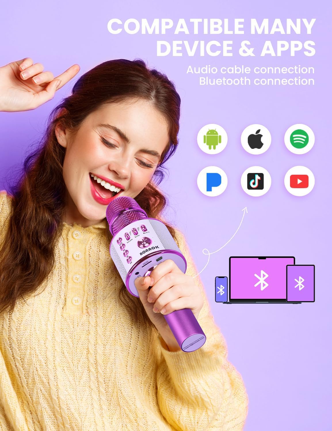 BONAOK Wireless Bluetooth Karaoke Microphone, Portable Toy Microphone for Singing, Gifts to Girls Boys Kids Adults All Age Q37（Bright Purple） jlhbookstore.store