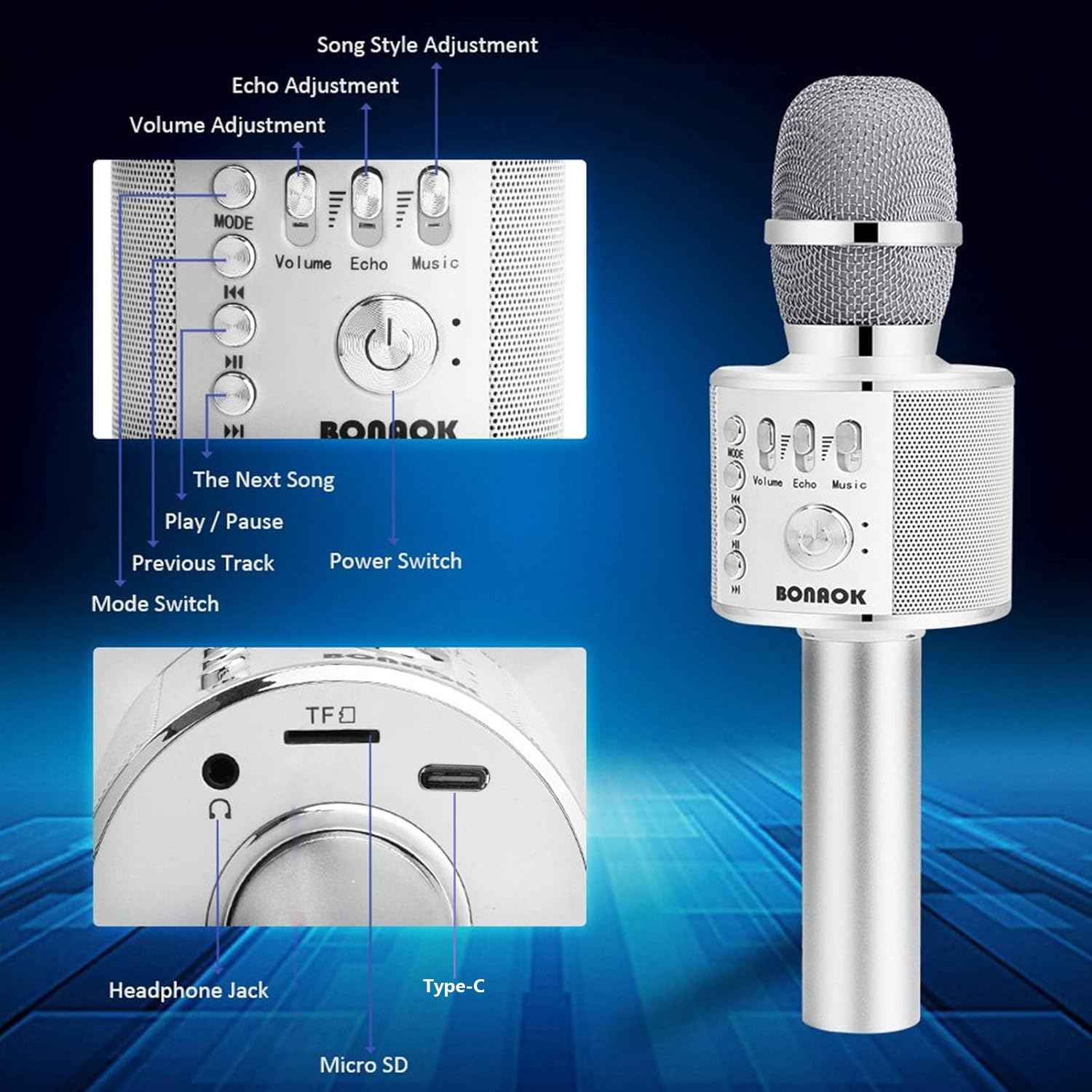 BONAOK Wireless Bluetooth Karaoke Microphone, Portable Toy Microphone for Singing, Gifts to Girls Boys Kids Adults All Age Q37（Bright Purple）