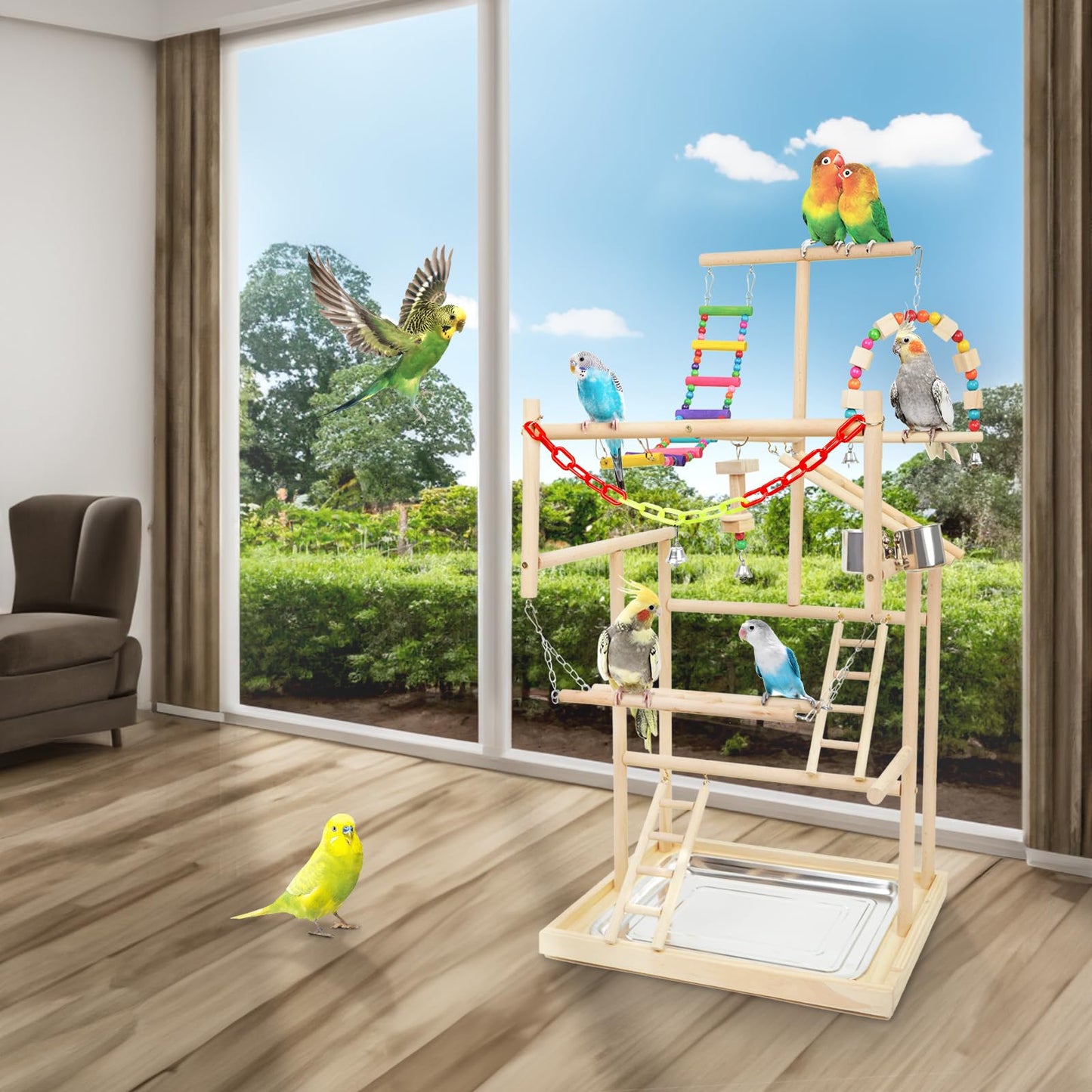 Bird Playground, Parrots Playstand for Small to Medium Birds, Perch Stand with 3 Ladders Playgym with Rope Perch, Swings Feeder Cups Bird Cage Accessories for Conure Cockatiel Lovebirds