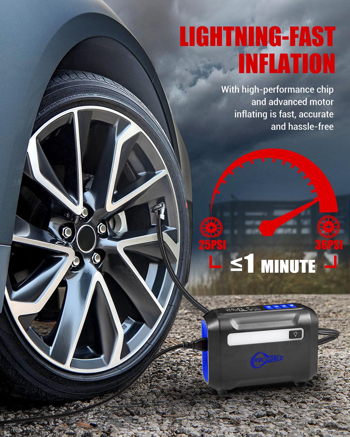 R8 Tire Inflator Portable Air Compressor, DC 12V Air Compressor Portable with Large Dual Digital Screen, 3X Faster Inflation Air Pump for Car, Bike, Ball, Motor