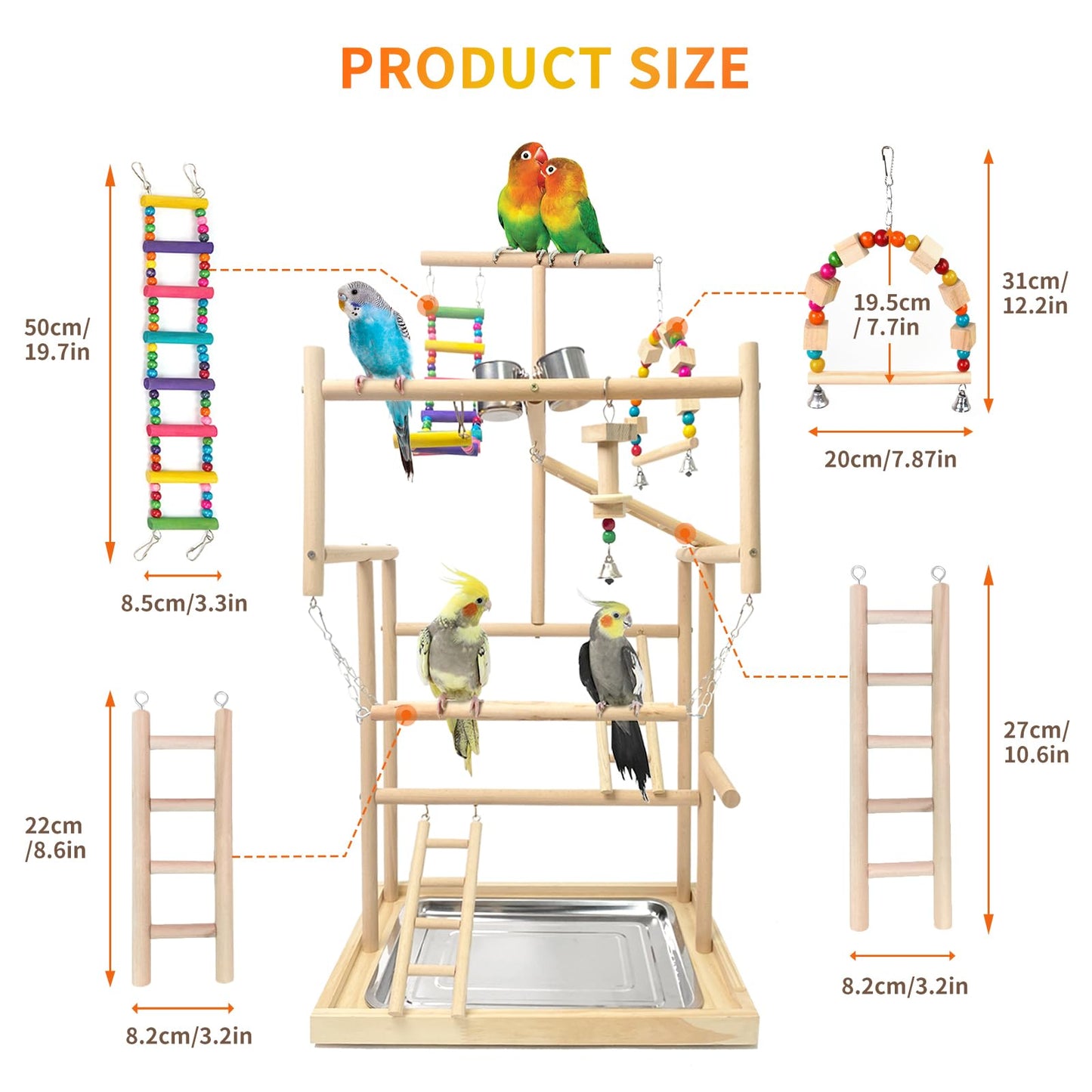 Bird Playground, Parrots Playstand for Small to Medium Birds, Perch Stand with 3 Ladders Playgym with Rope Perch, Swings Feeder Cups Bird Cage Accessories for Conure Cockatiel Lovebirds
