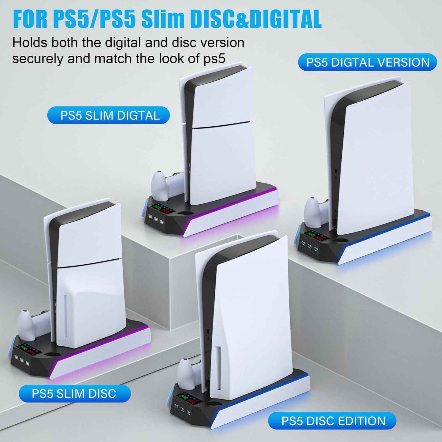 PS5/PS5 Slim/PS5 Pro Stand and Cooling Station with Dual Controller Charging Station for PlayStation 5 Console, PS5 Accessories Incl. Controller Charger, Cooling Fan, Headset Holder, 3 USB Hub, White