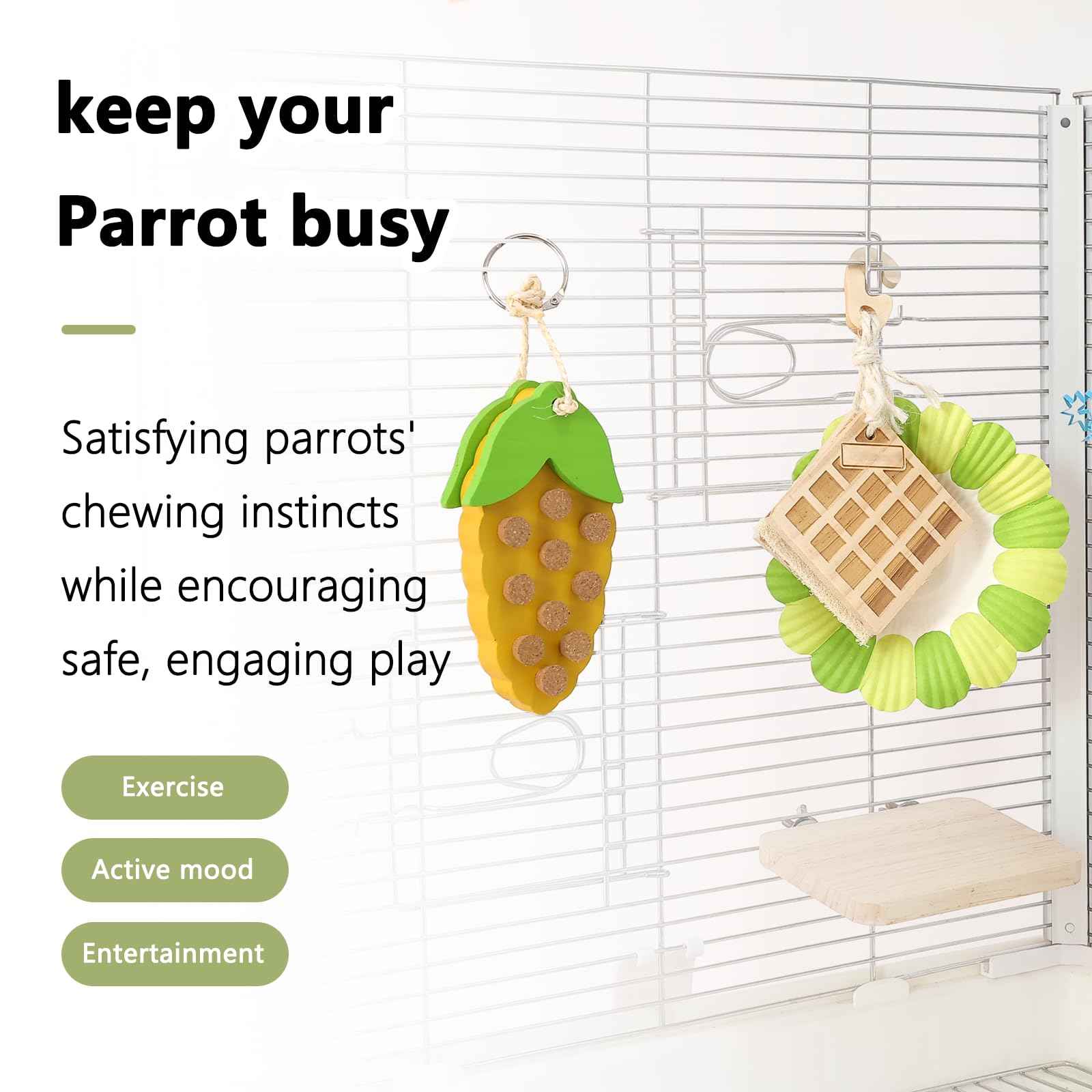 Parrot Chew Toys Set - Natural Wood & Loofah Toys with Plant-Based Dyes, 3 Pack Bird Chew Toys for Cockatiels, Conures & Small Parrots for Cage Enrichment (3 Pieces of Blue Series)