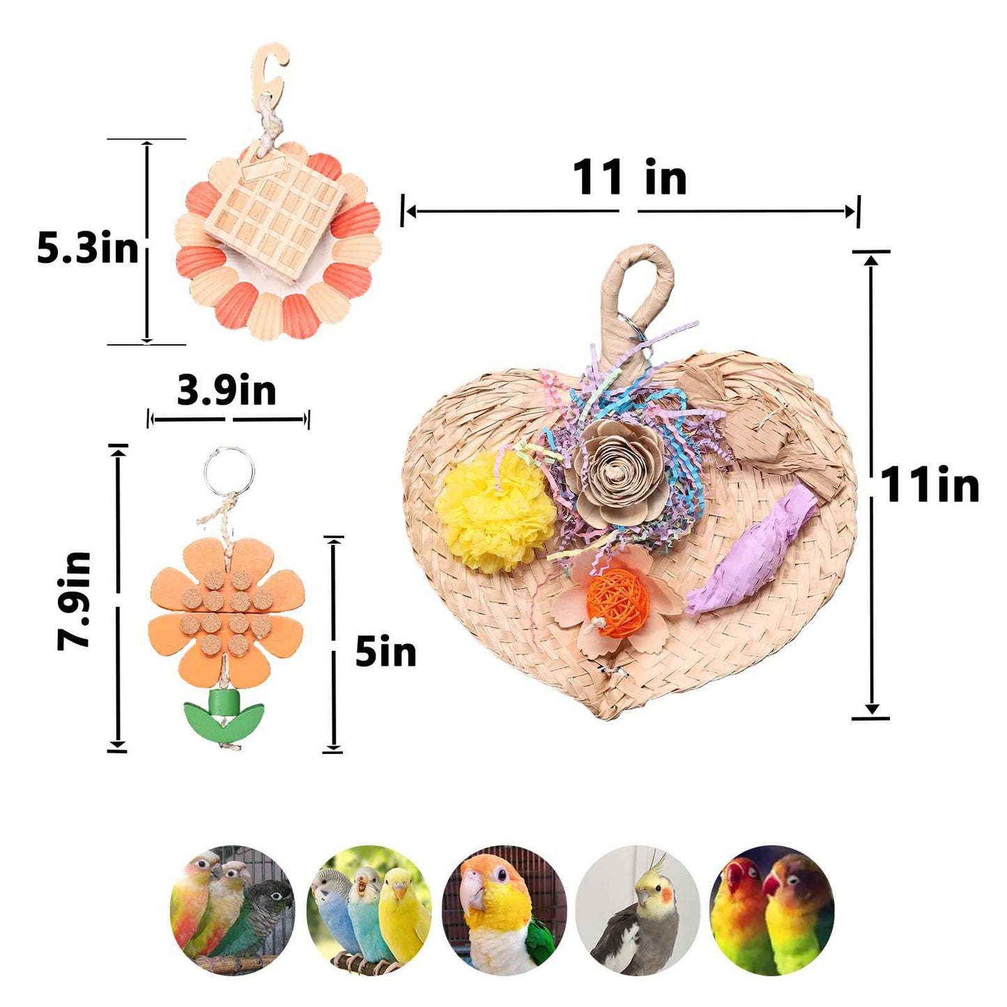 Parrot Chew Toys Set - Natural Wood & Loofah Toys with Plant-Based Dyes, 3 Pack Bird Chew Toys for Cockatiels, Conures & Small Parrots for Cage Enrichment (3 Pieces of Blue Series)