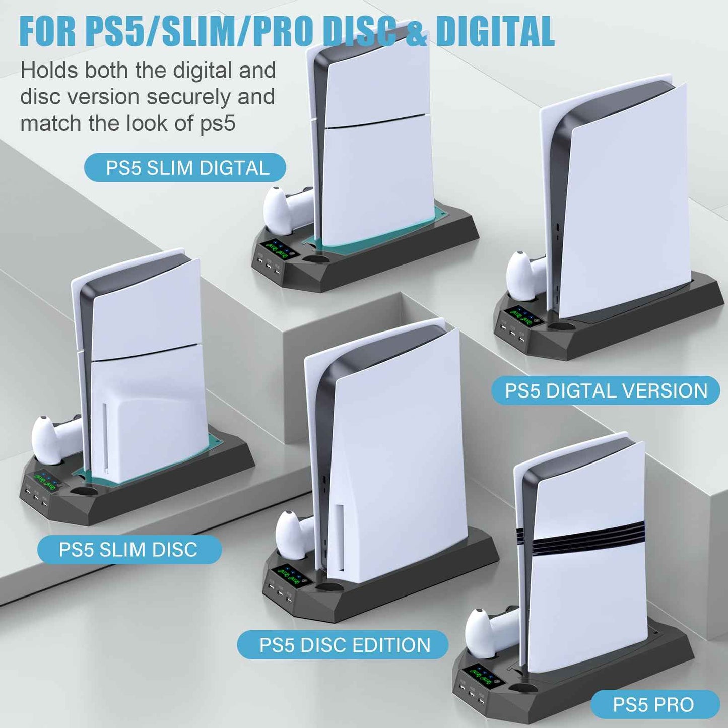 PS5/PS5 Slim/PS5 Pro Stand and Cooling Station with Dual Controller Charging Station for PlayStation 5 Console, PS5 Accessories Incl. Controller Charger, Cooling Fan, Headset Holder, 3 USB Hub, White