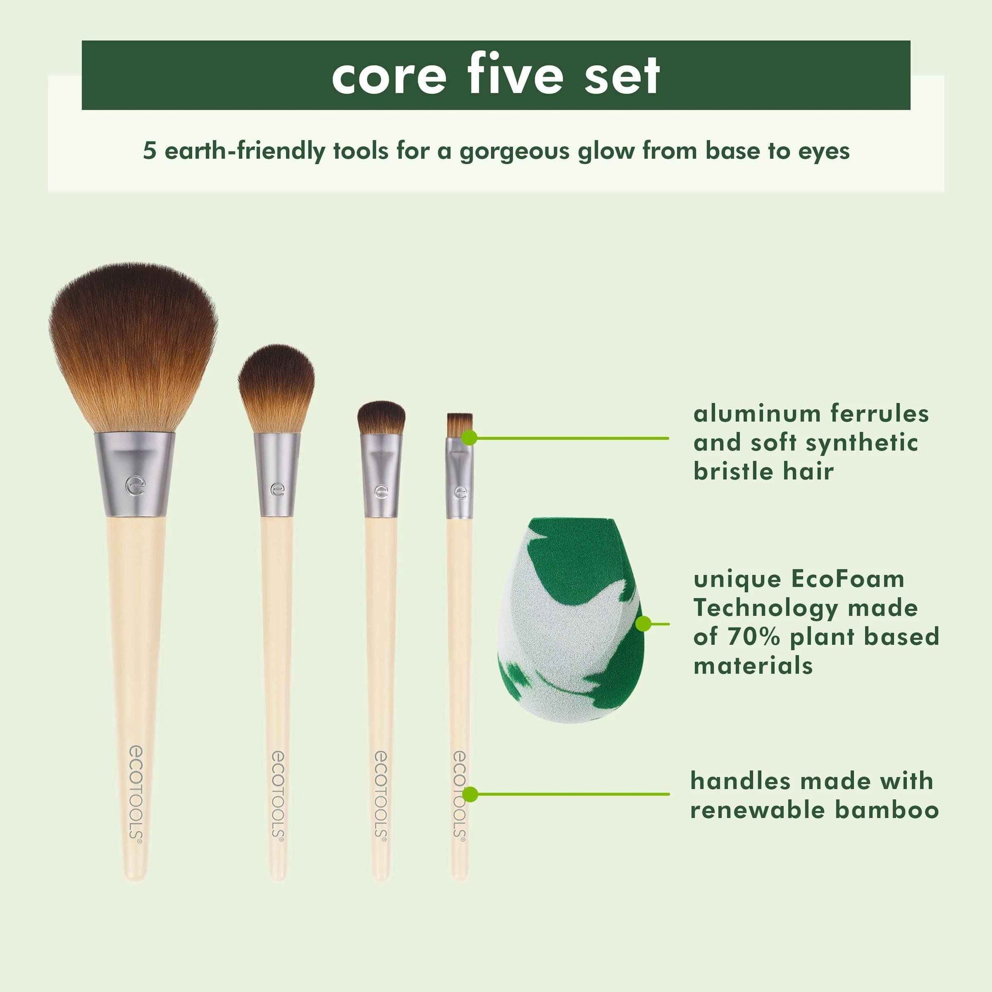 EcoTools Makeup Brush Set for Eyeshadow, Foundation, Blush, and Concealer with Bonus Storage Case, Start the Day Beautifully, Travel Friendly, 6 Piece Set