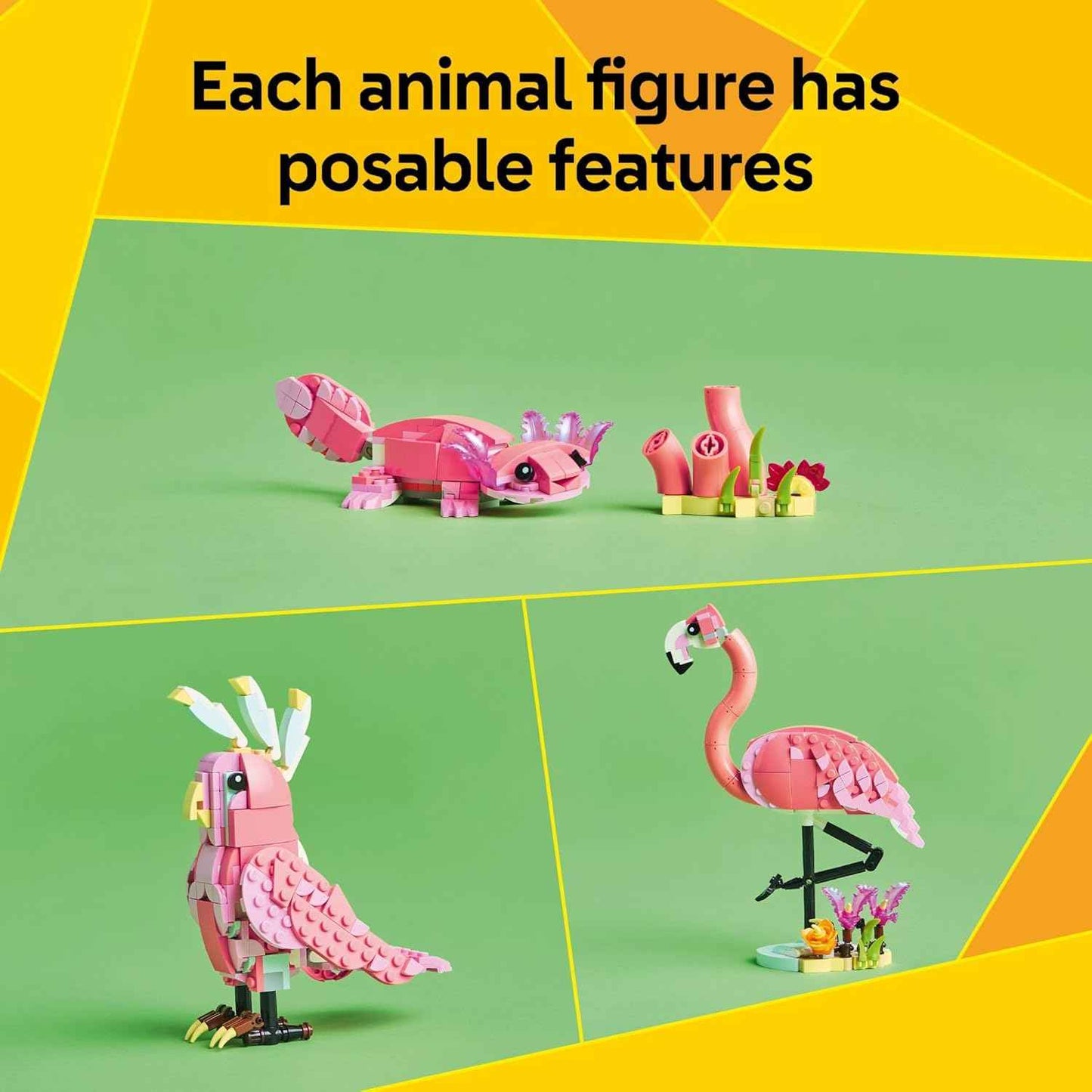 LEGO Creator 3 in 1 Wild Animals: Pink Flamingo Animal Building Toy - Building Toy with 3 Building Options, Pink Flamingo, Cockatoo, or Axolotl - Learning Toy for Kids, Ages 8+- 31170