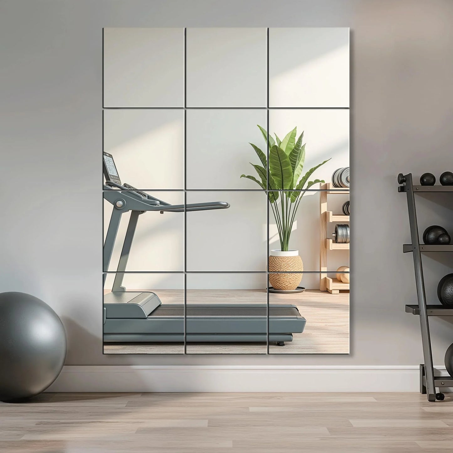 Delma Home Gym Mirrors, 12'' x 12'' Glass Mirror Tiles (16 PCS), Square Large Wall Mirror for Home Gym, Bedroom, Door,Bathroom, Frameless Mirror Sets - Jlhbookstore.store