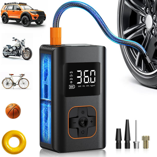 Tire Inflator Portable Air Compressor - 150 PSI Mini Portable Air Pump for Car Tires, Cordless Electric Bike Tire Pump with Digital Pressure Gauge, LED Light for Auto, Car, Motorcycle, Bicycle, Ball