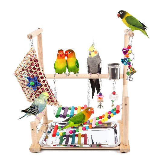 Bird Playground, Parrots Playstand for Small to Medium Birds, Perch Stand with 3 Ladders Playgym with Rope Perch, Swings Feeder Cups Bird Cage Accessories for Conure Cockatiel Lovebirds