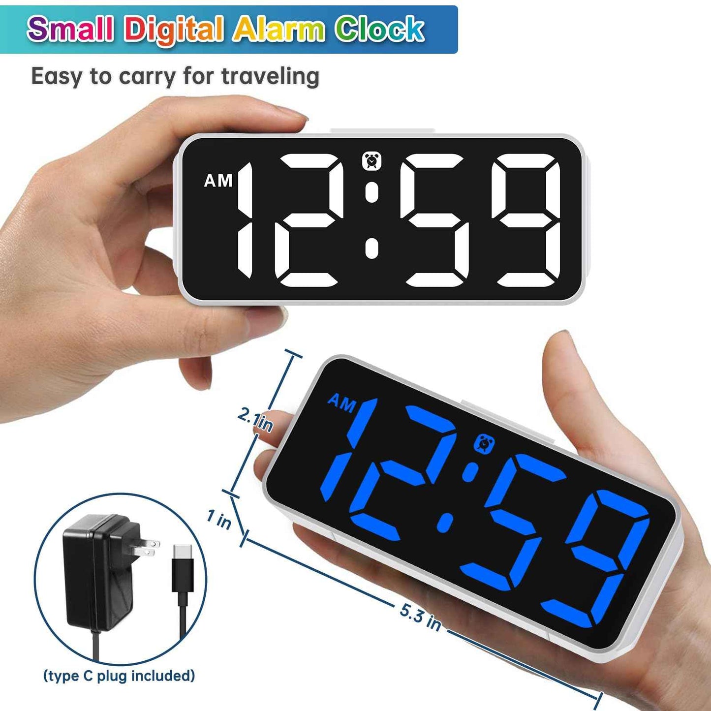 Peakeep Small Digital Alarm Clock Plug in for Bedrooms Bedside, Tiny Electric Clock Large Big Numbers Display with Battery Backup for Desk Table, 6 Dimmers, 5 Adjustable Alarm Volumes (Blue)