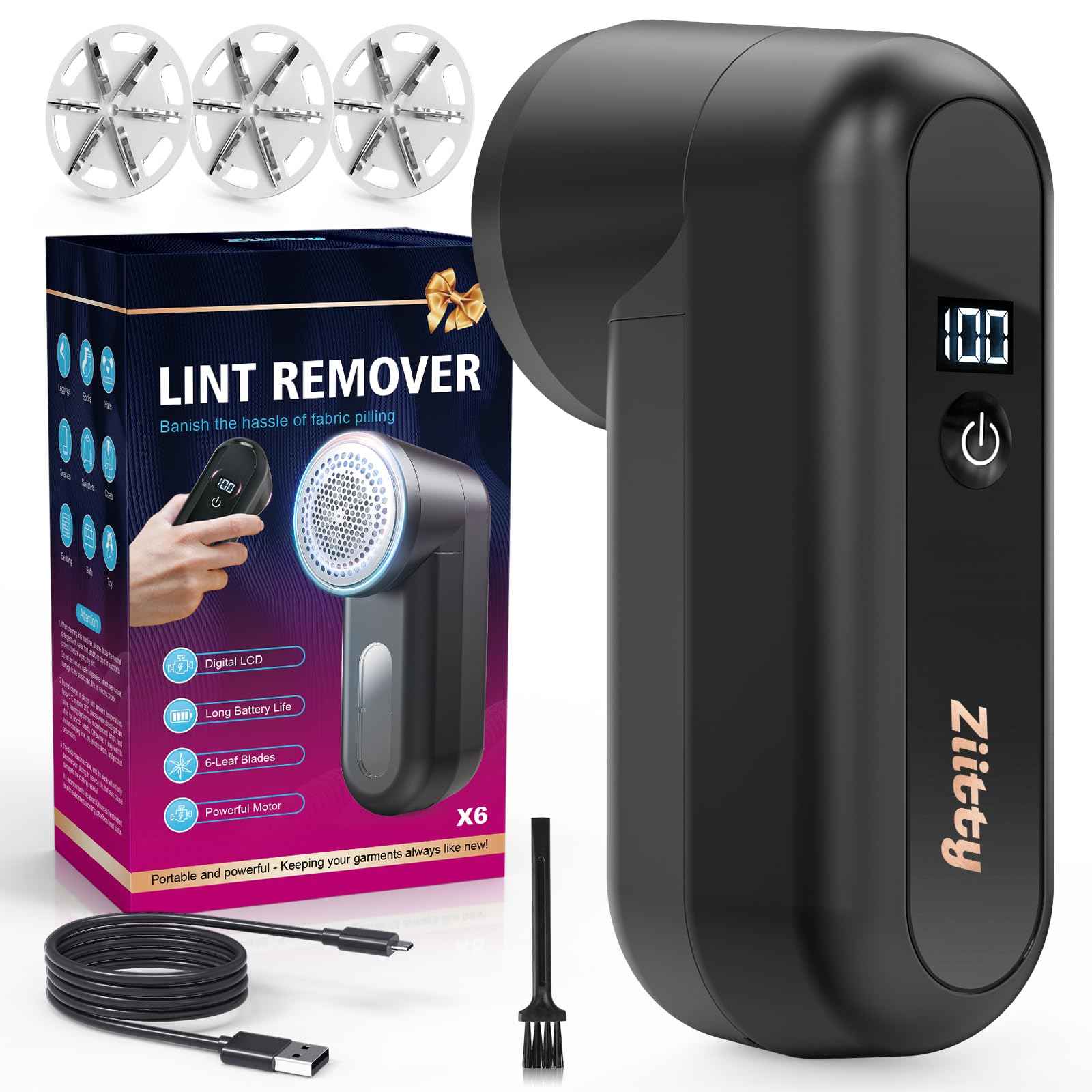 Fabric Shaver, Ziitty Lint Remover for Clothes, Type-C Rechargeable Lint Shaver with LCD Display & 6-Blade, Sweater Shavers to Remove Pilling，Fuzz Remover Fabric Shaver for Clothing and Furniture