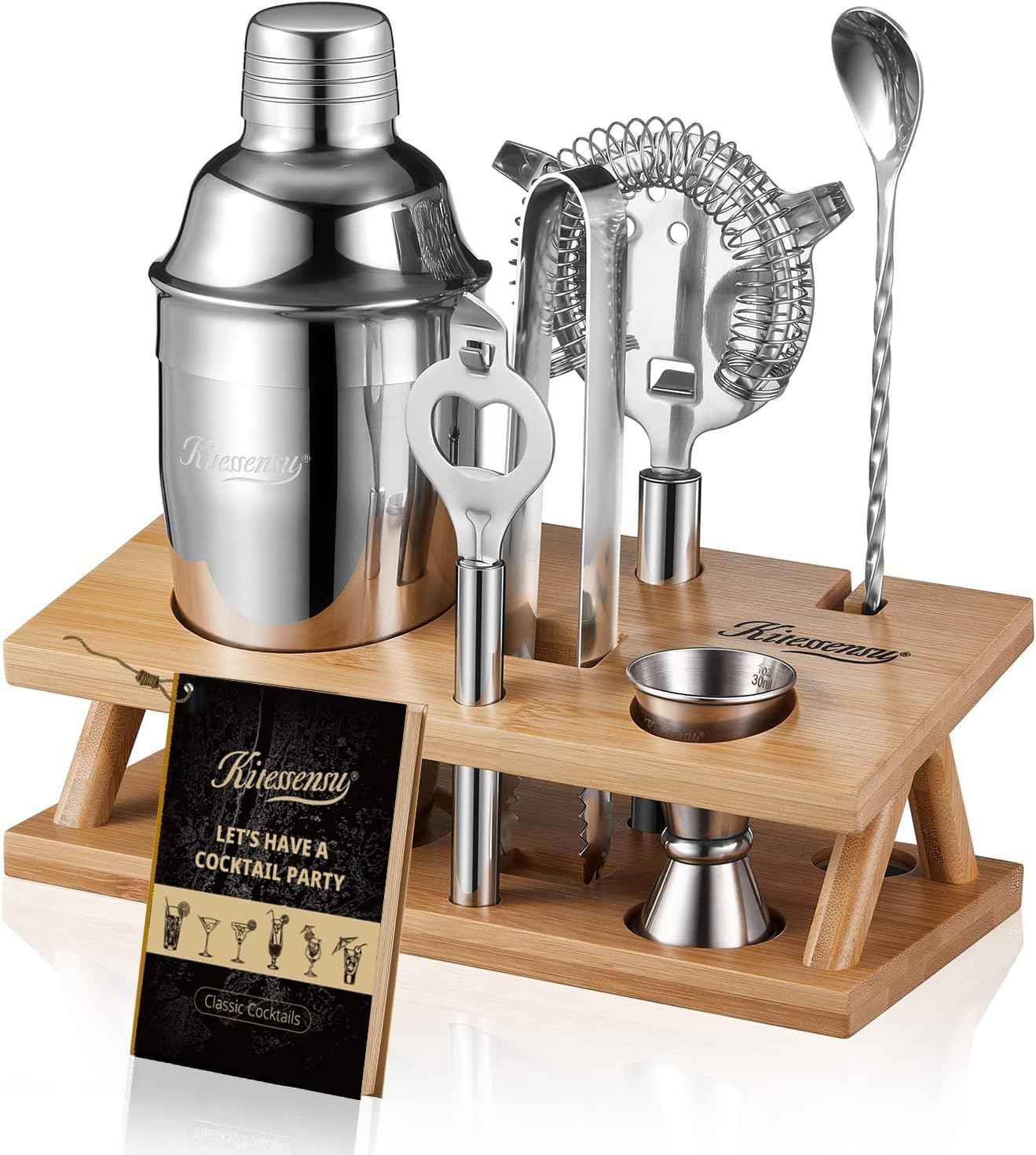 KITESSENSU Cocktail Shaker Set Bartender Kit with Stand | Bar Set Drink Mixer Set with All Essential Accessory Tools: Martini Shaker, Jigger, Strainer, Mixer Spoon, Muddler, Liquor Pourers |Silver