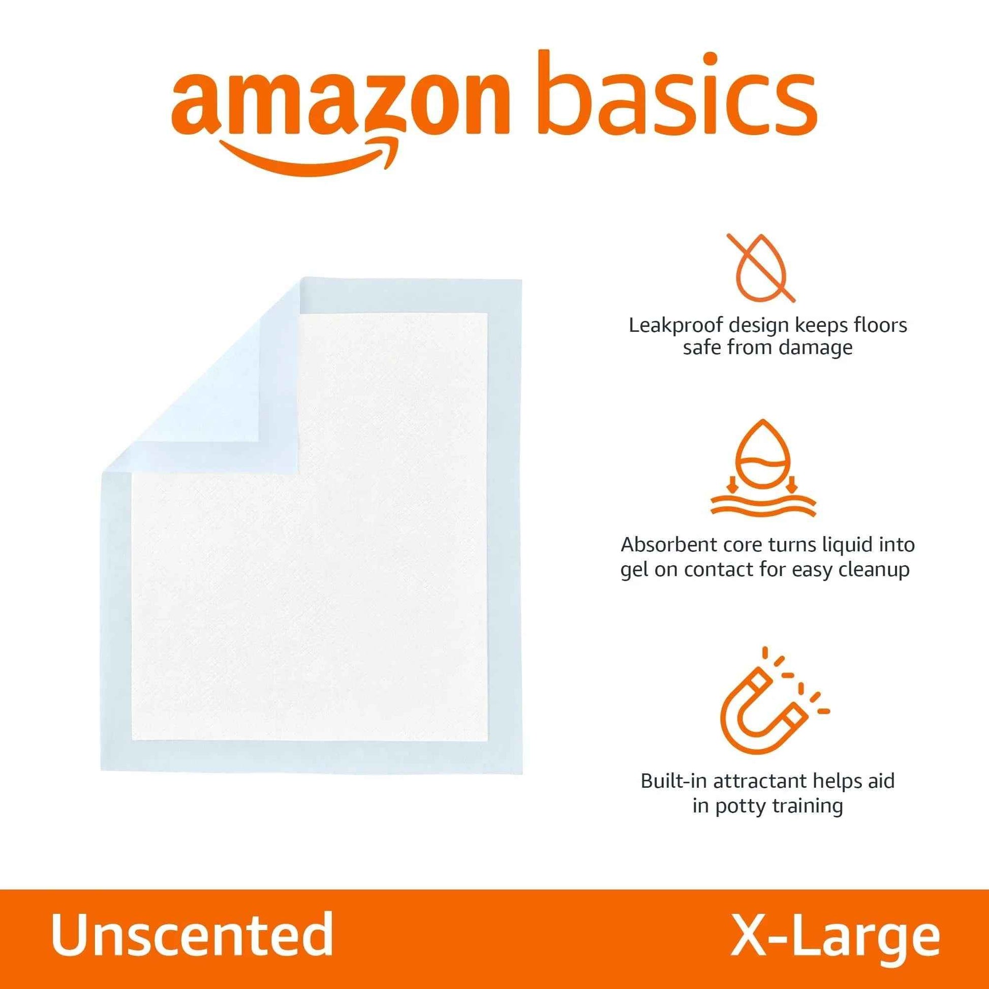 Amazon Basics Dog and Puppy Pee Pads, 5-Layer Leak-Proof Super Absorbent, Quick-Dry Surface, Potty Training, Regular (22x22"), 100 Count, Blue & White