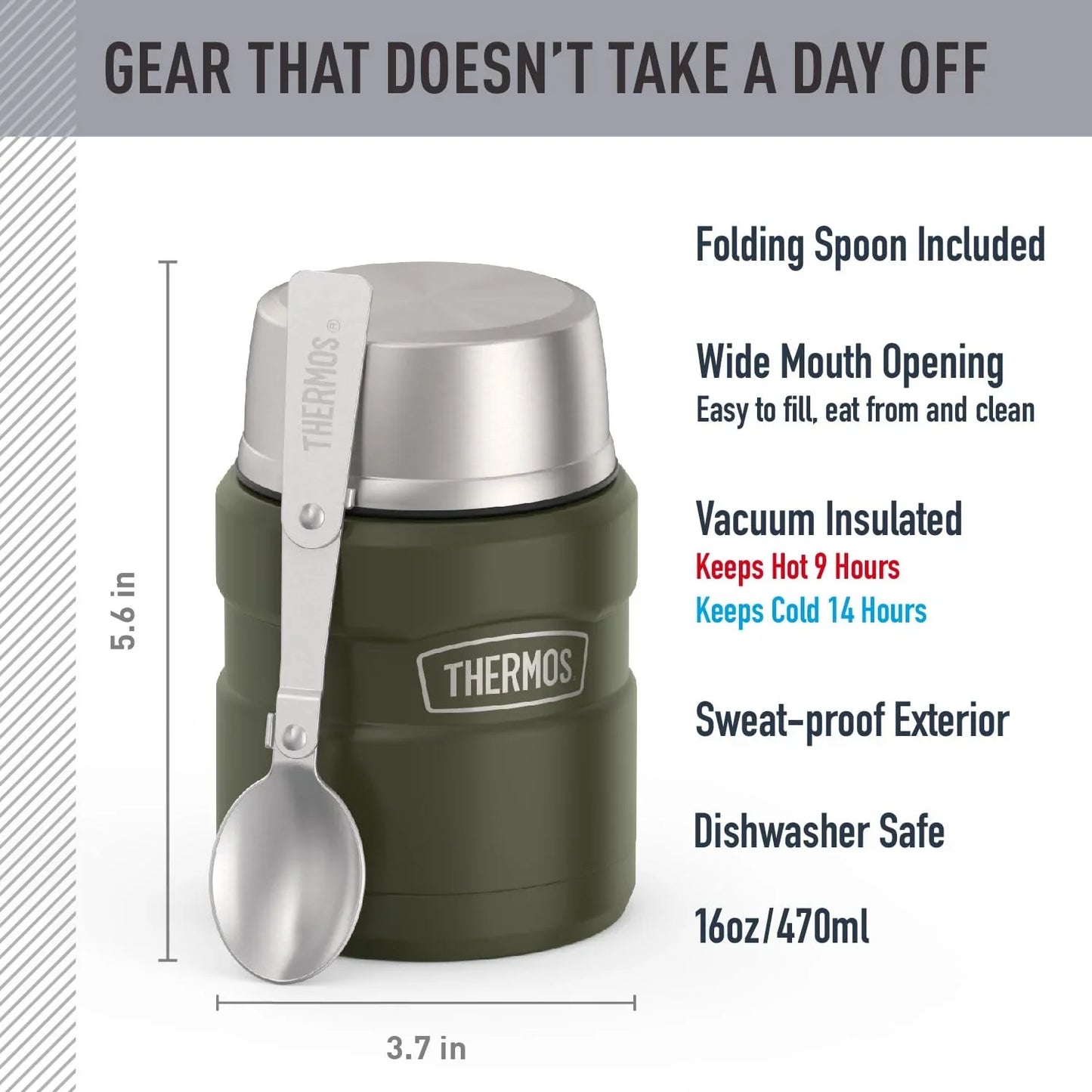 THERMOS Stainless King Vacuum-Insulated Food Jar with Spoon, 16 Ounce, Army Green - Jlhbookstore.store