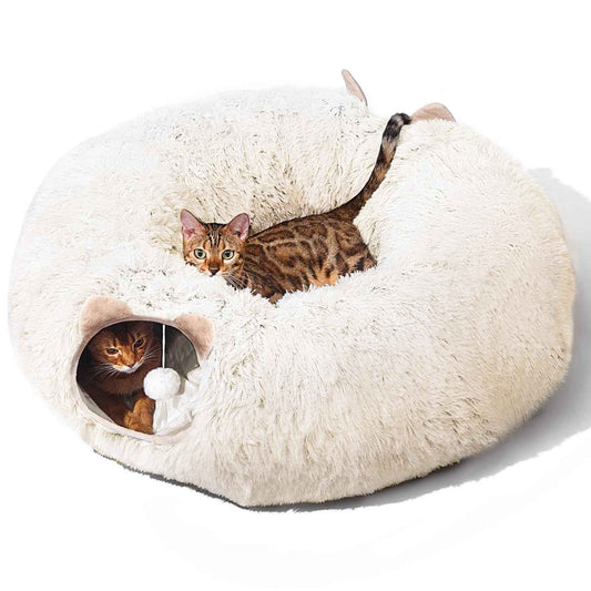 Cat Tunnel with Cat Bed for Indoor Cats, Under Christmas Tree Soft Plush Peekaboo Cat Cave Donut Tunnel, Multifunctional Playground Toys Hideplace for Kittens, Rabbit, Ferret (Grey)