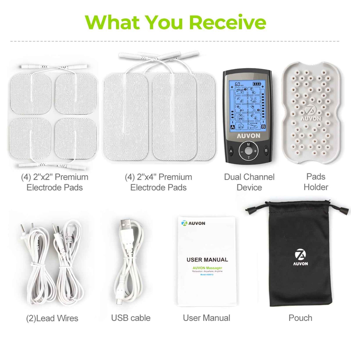 AUVON Dual Channel TENS Unit Muscle Stimulator Machine with 20 Modes, 2" and 2"x4" TENS Unit Electrode Pads