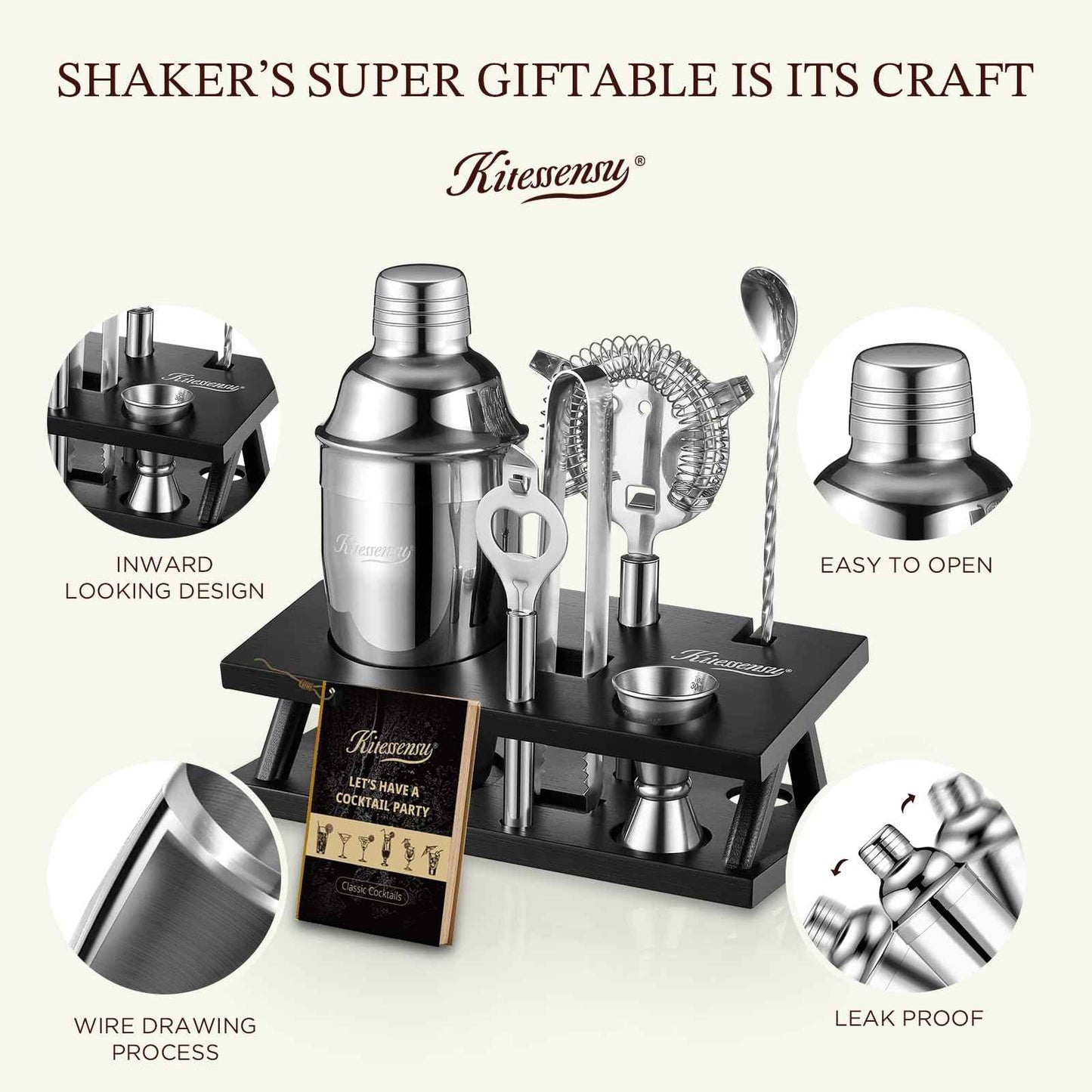KITESSENSU Cocktail Shaker Set Bartender Kit with Stand | Bar Set Drink Mixer Set with All Essential Accessory Tools: Martini Shaker, Jigger, Strainer, Mixer Spoon, Muddler, Liquor Pourers |Silver