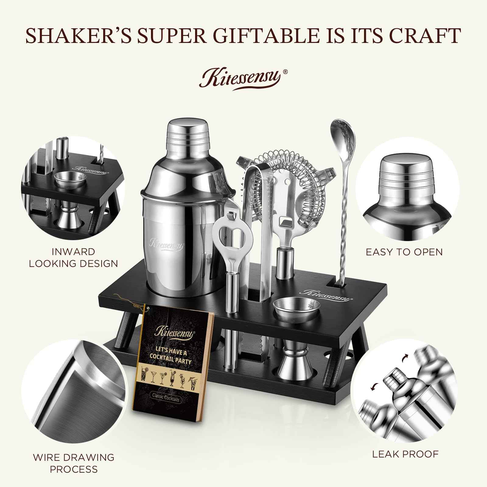 KITESSENSU Cocktail Shaker Set Bartender Kit with Stand | Bar Set Drink Mixer Set with All Essential Accessory Tools: Martini Shaker, Jigger, Strainer, Mixer Spoon, Muddler, Liquor Pourers |Silver
