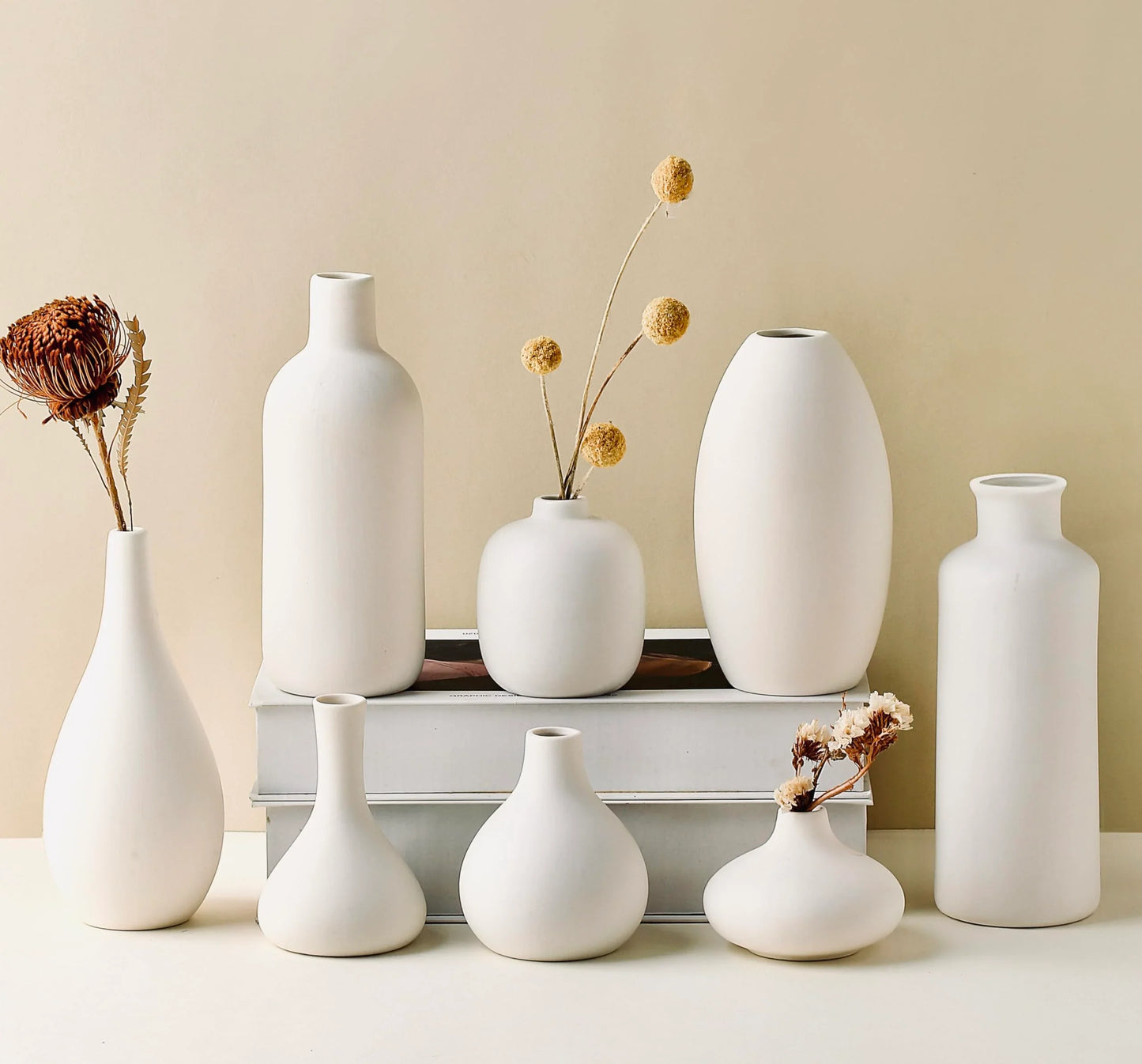 Set of 8 White Ceramic Vases for Dried Pampas Grass Flowers, Aesthetic Boho Modern Decor for Farmhouse Living Room Coffee Table Shelf Fireplace Centerpiece Bedroom Office Desk Home DIY Gifts - Jlhbookstore.store