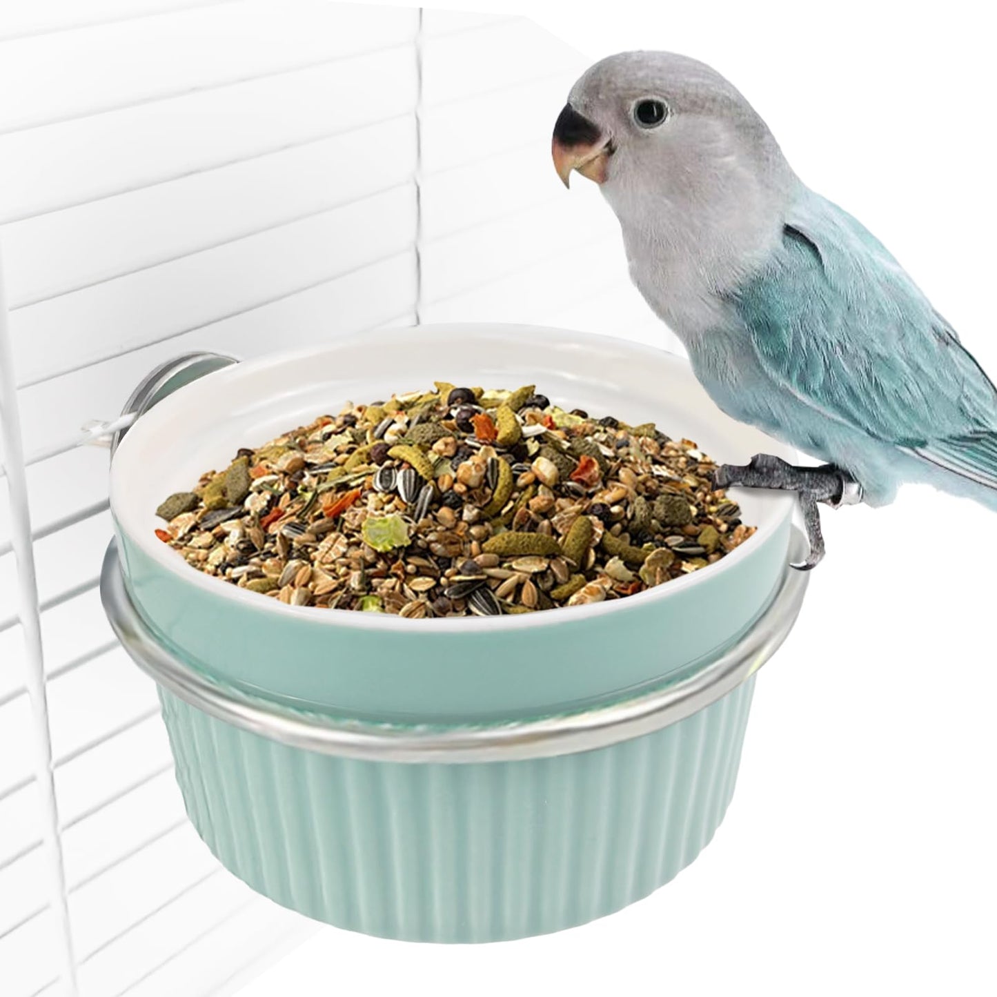 Bird Feeding Cups Parrot Food Cage Bowl Clamp Holder Coop Cup, Ceramic Bird Cage Water Bowl, Pet Feeder Cage for Parakeet African Greys Conure Cockatiels Lovebird Budgie-Blue