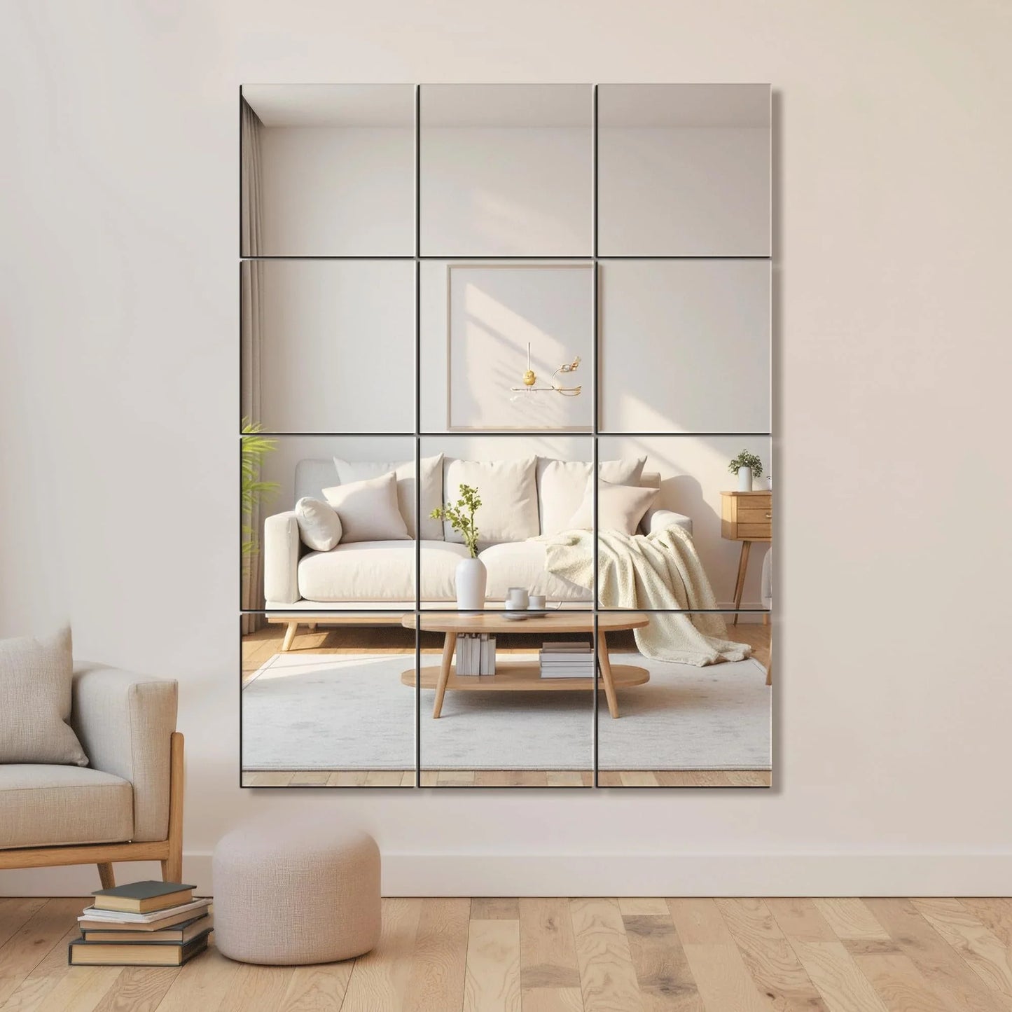 Delma Home Gym Mirrors, 12'' x 12'' Glass Mirror Tiles (16 PCS), Square Large Wall Mirror for Home Gym, Bedroom, Door,Bathroom, Frameless Mirror Sets - Jlhbookstore.store