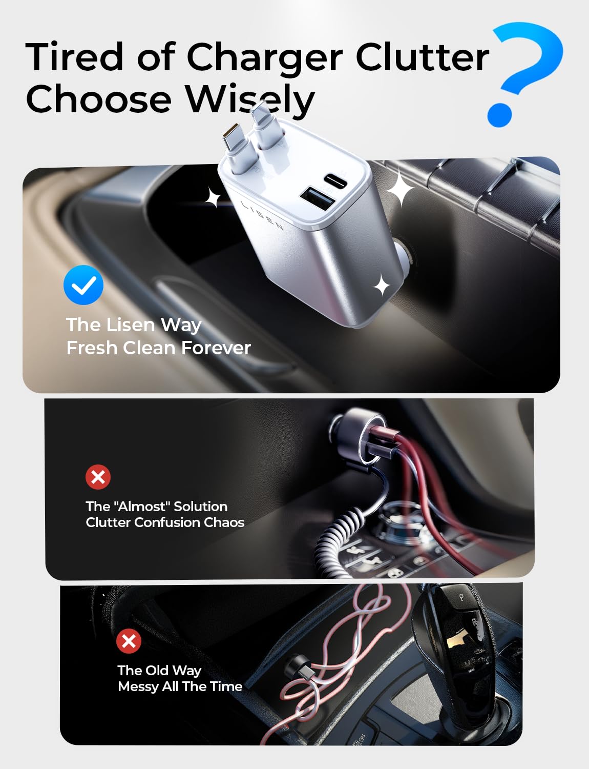 LISEN Retractable Car Charger, Gifts for Men Women, 69W Cars Adapter USB C Fast Charger for iPhoen 17, Car Accessories for Men Women, Gifts for Dad Mom, for iPhone 17 Pro Max Air 16 15 14 13 12 Plus