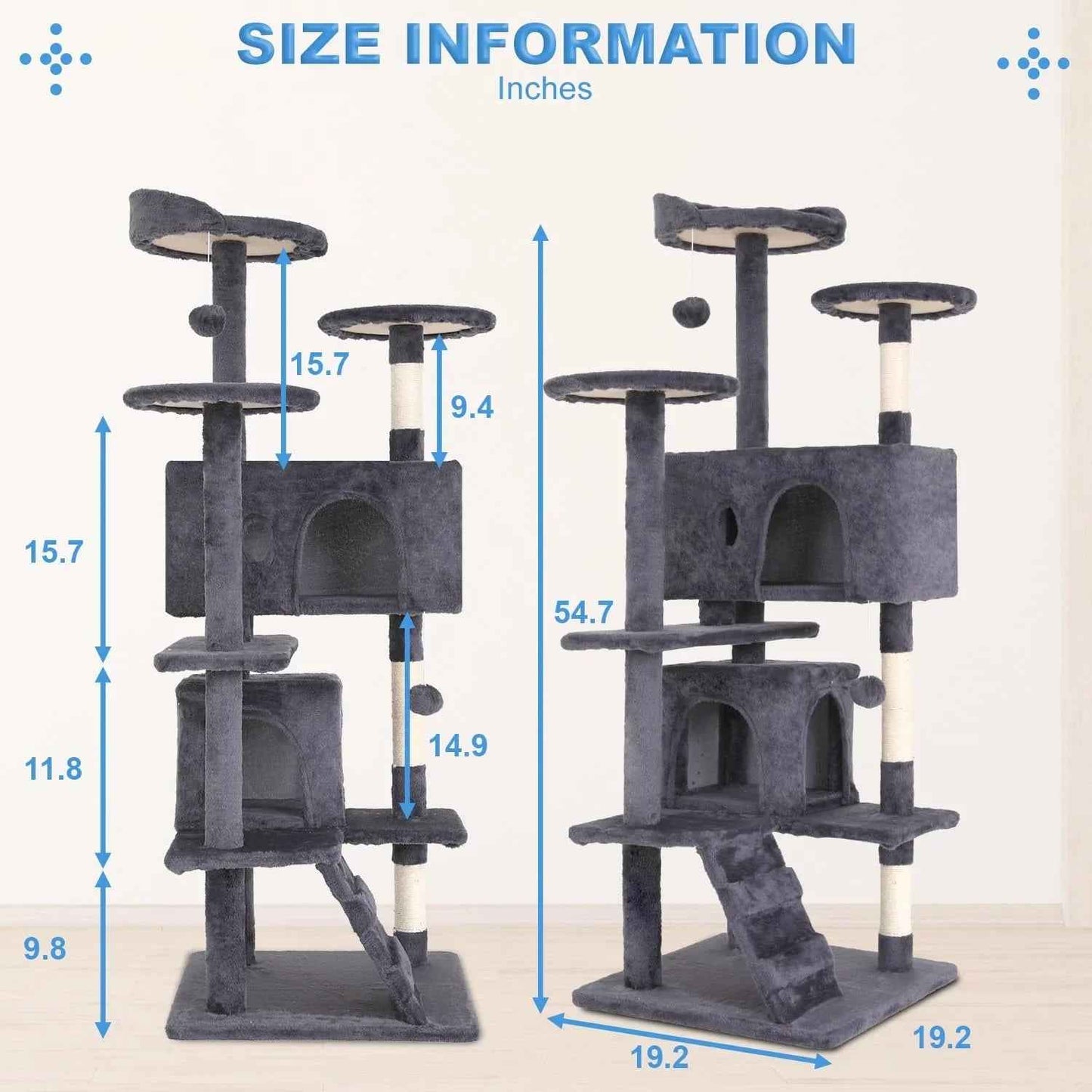 FDW Cat Tree 54in Cat Tower Multi-Level Durable Cat Scratching Post & Cozy Fun Cat Jumping Platform Space Saving Cat Condo Pet Play House for Indoor Cats,Dark Gray